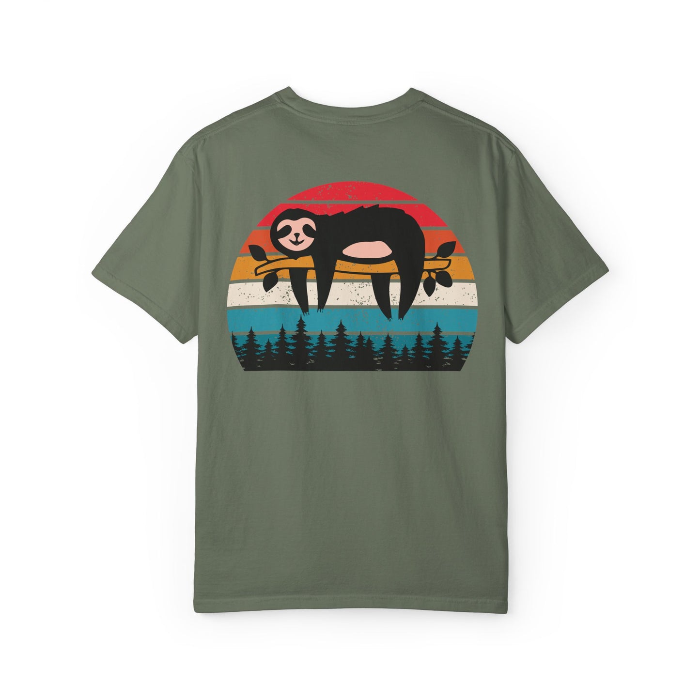 Chill Vibes Unisex Garment-Dyed T-Shirt - Retro Sloth & Sunset Design