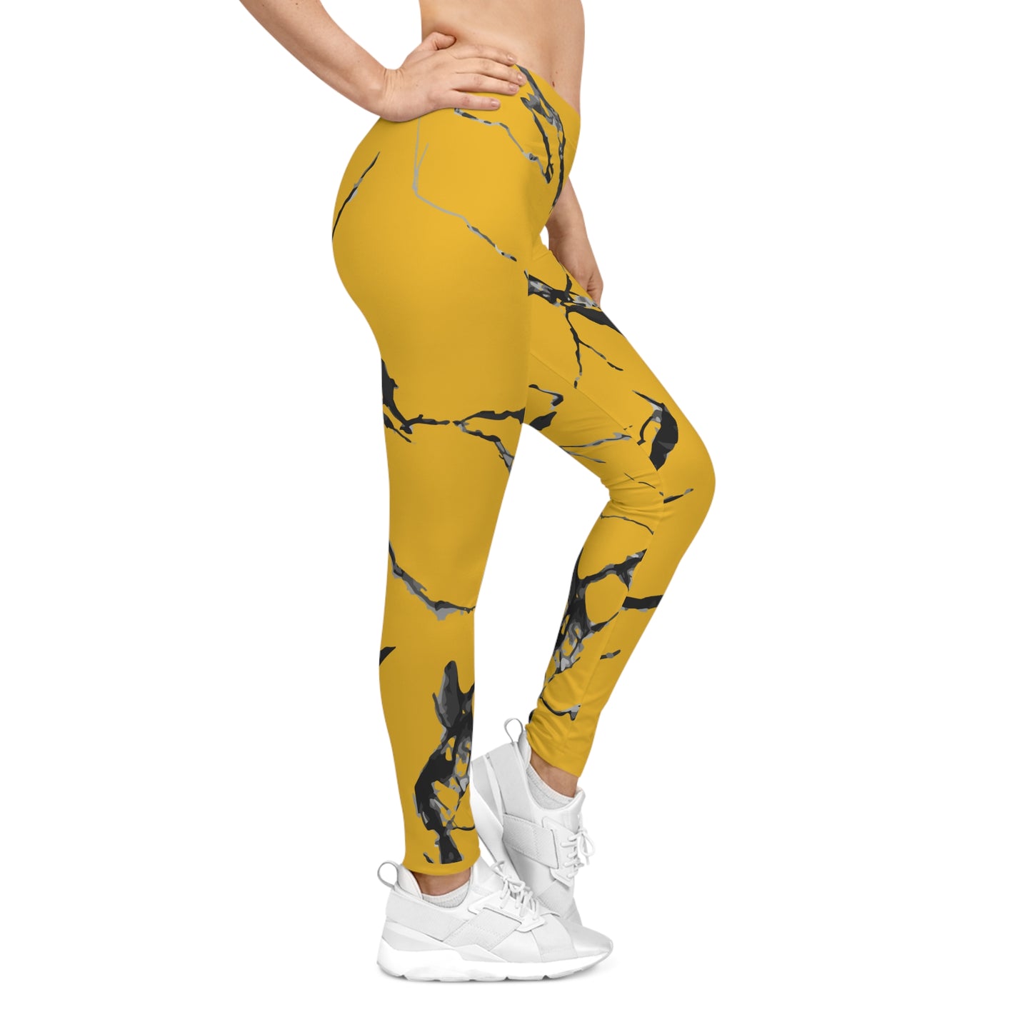 Chic Marble Print Leggings, Stylish Workout Tights, Athleisure Bottoms, Trendy Yellow Activewear, Unique Yoga Pants