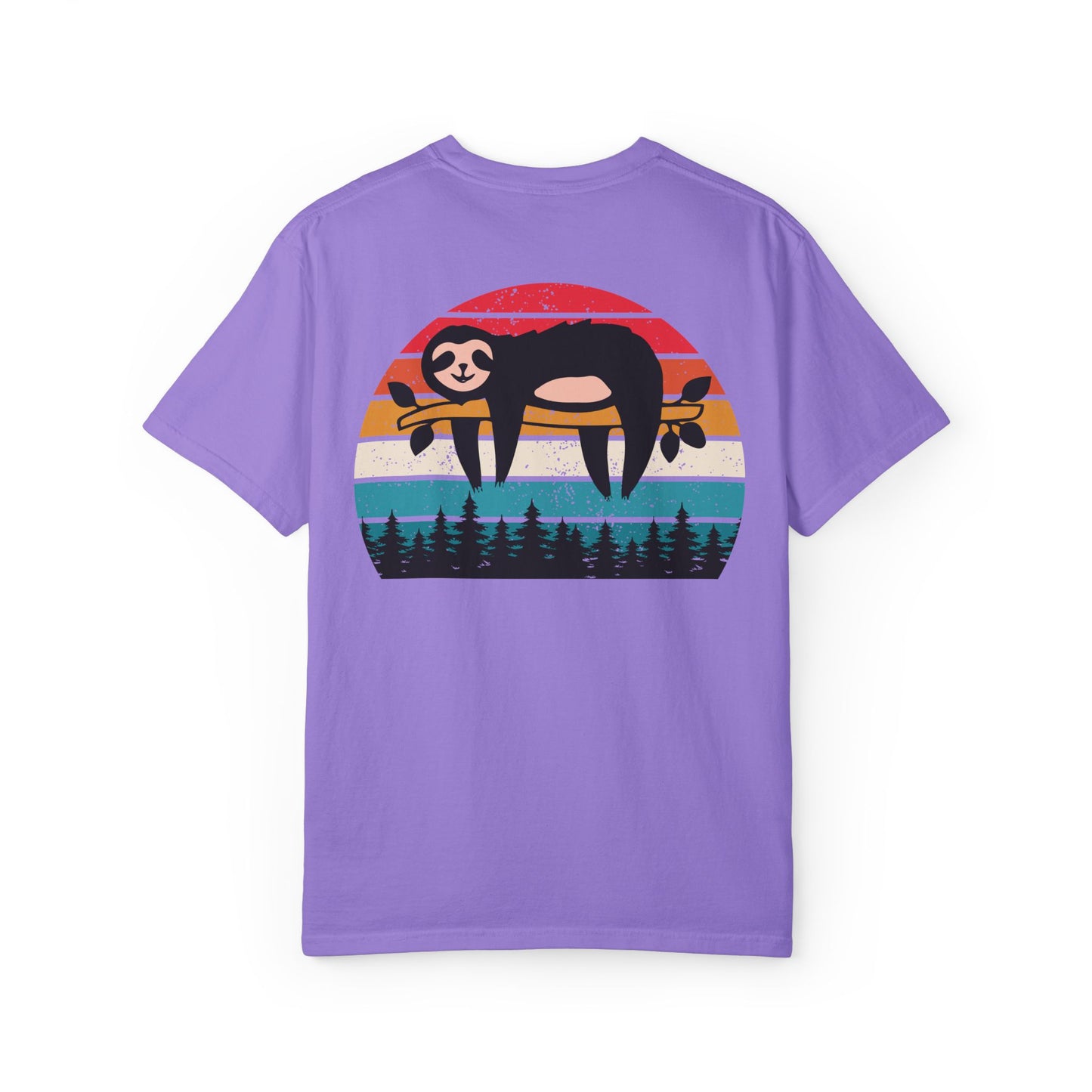 Chill Vibes Unisex Garment-Dyed T-Shirt - Retro Sloth & Sunset Design