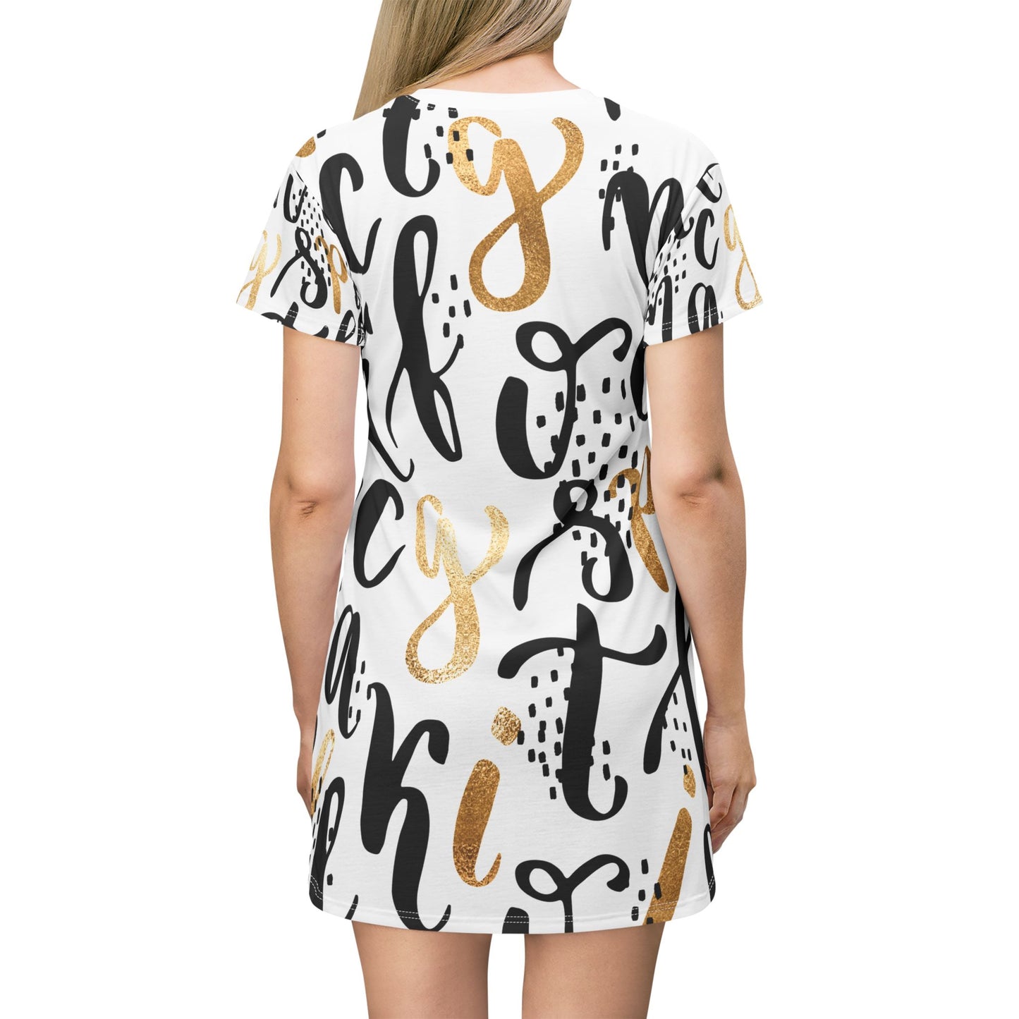 Chic Script T-Shirt Dress - Stylish Black & Gold Letter Print