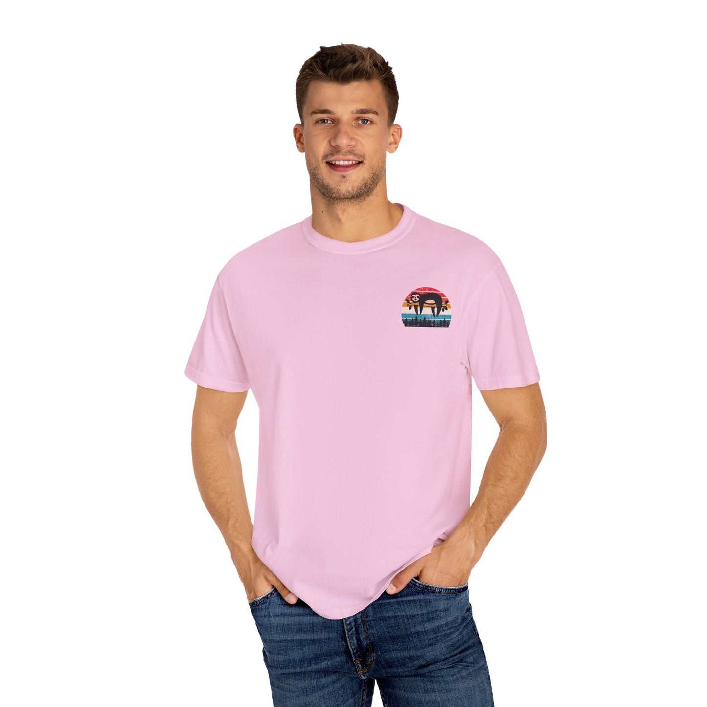 Chill Vibes Unisex Garment-Dyed T-Shirt - Retro Sloth & Sunset Design