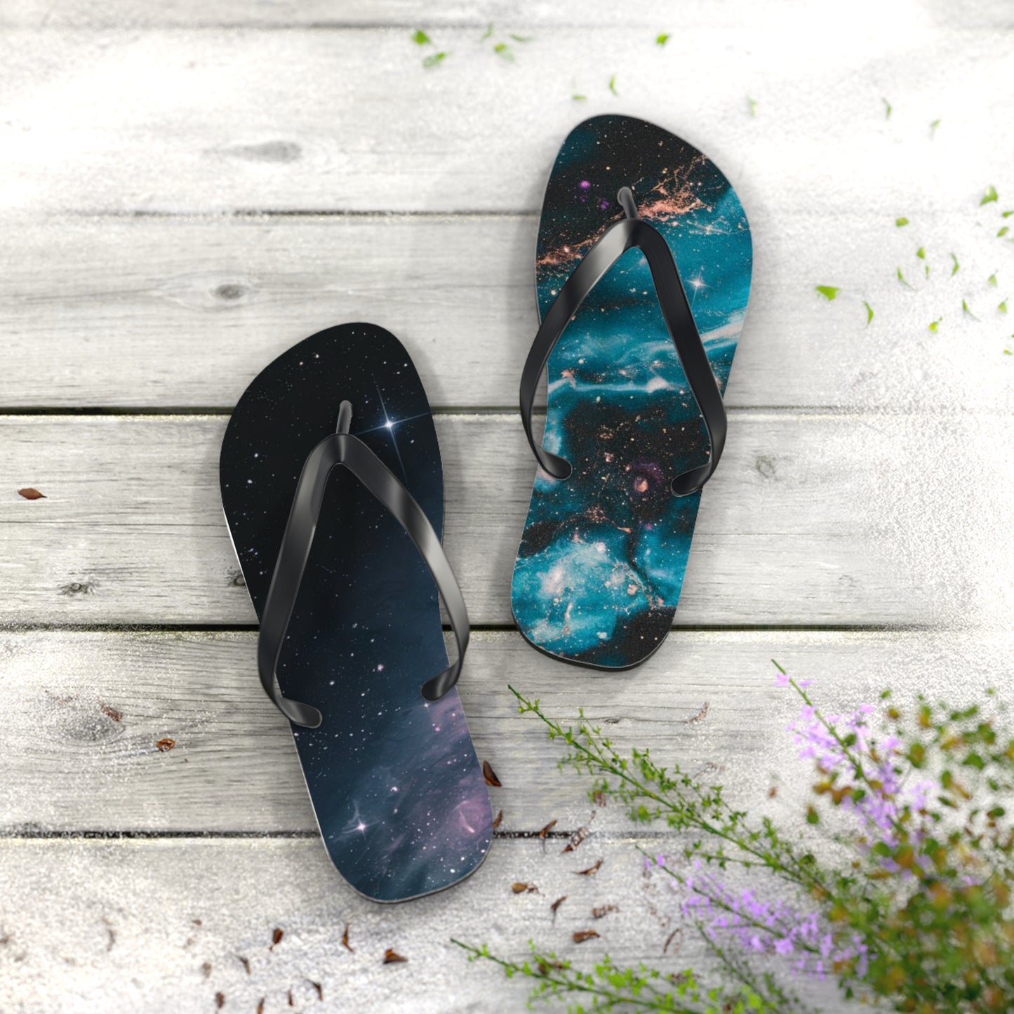 Cosmic Vibe Flip Flops - Galaxy Pattern Beach Sandals, Summer Footwear, Space-Themed Flip Flops, Vacation Essentials, Unique