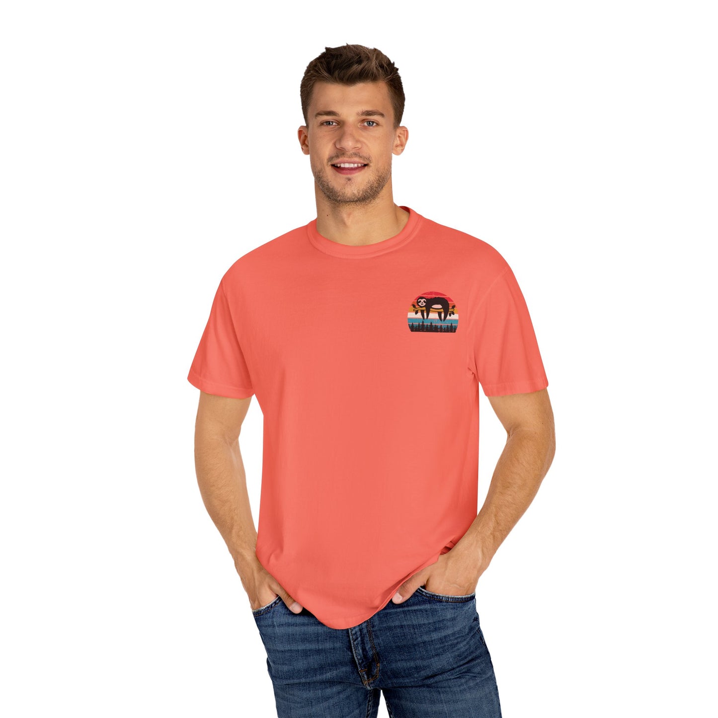 Chill Vibes Unisex Garment-Dyed T-Shirt - Retro Sloth & Sunset Design