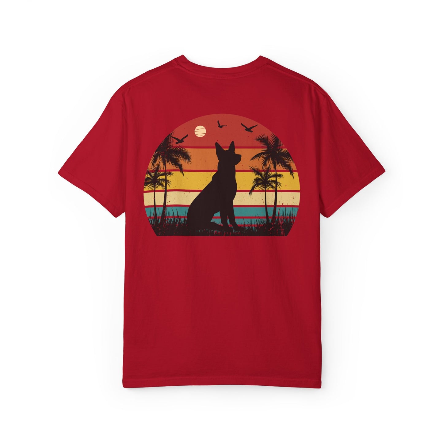 Sunset Palms Unisex Garment-Dyed T-Shirt with Dog Design