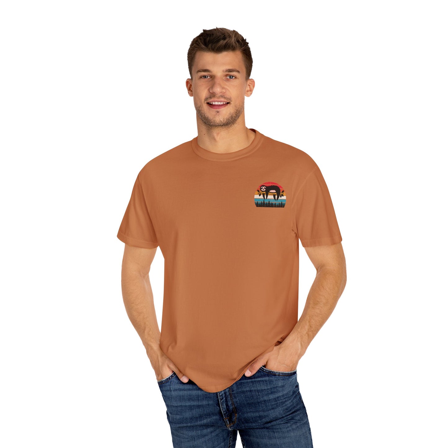 Chill Vibes Unisex Garment-Dyed T-Shirt - Retro Sloth & Sunset Design
