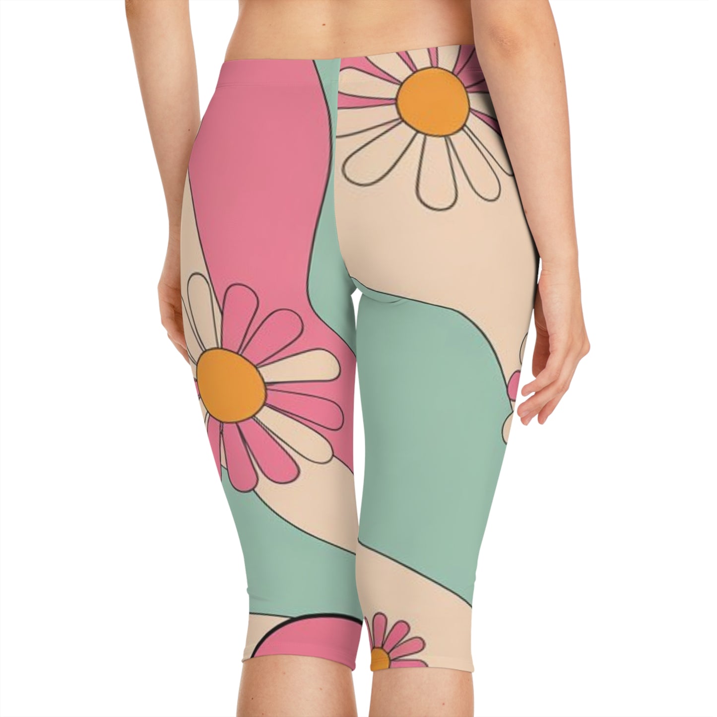 Retro Floral Women's Capri Leggings, Vintage Style Workout Pants, Summer Activewear, Festival Yoga Tights, Women's