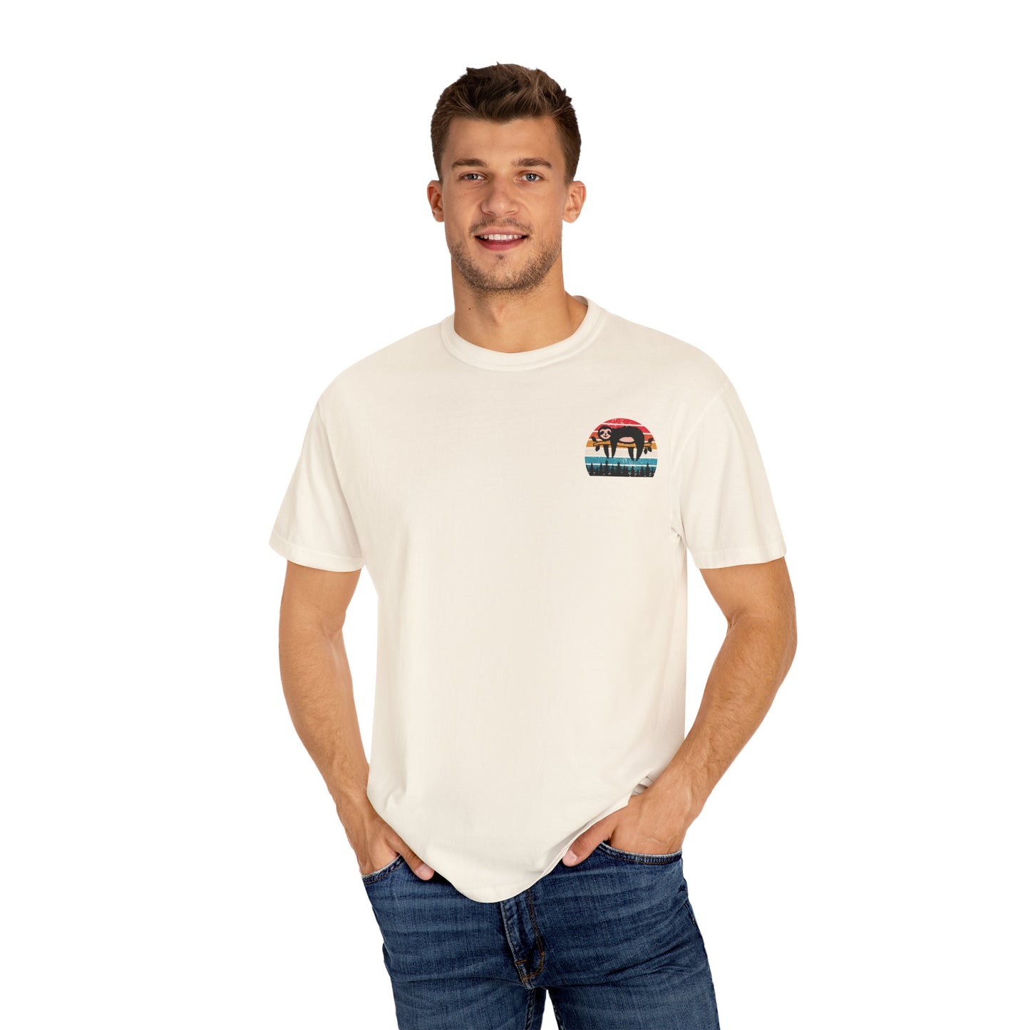 Chill Vibes Unisex Garment-Dyed T-Shirt - Retro Sloth & Sunset Design