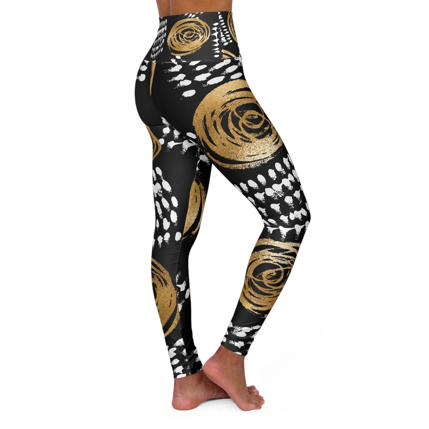 Chic High Waisted Yoga Leggings with Gold Floral Design