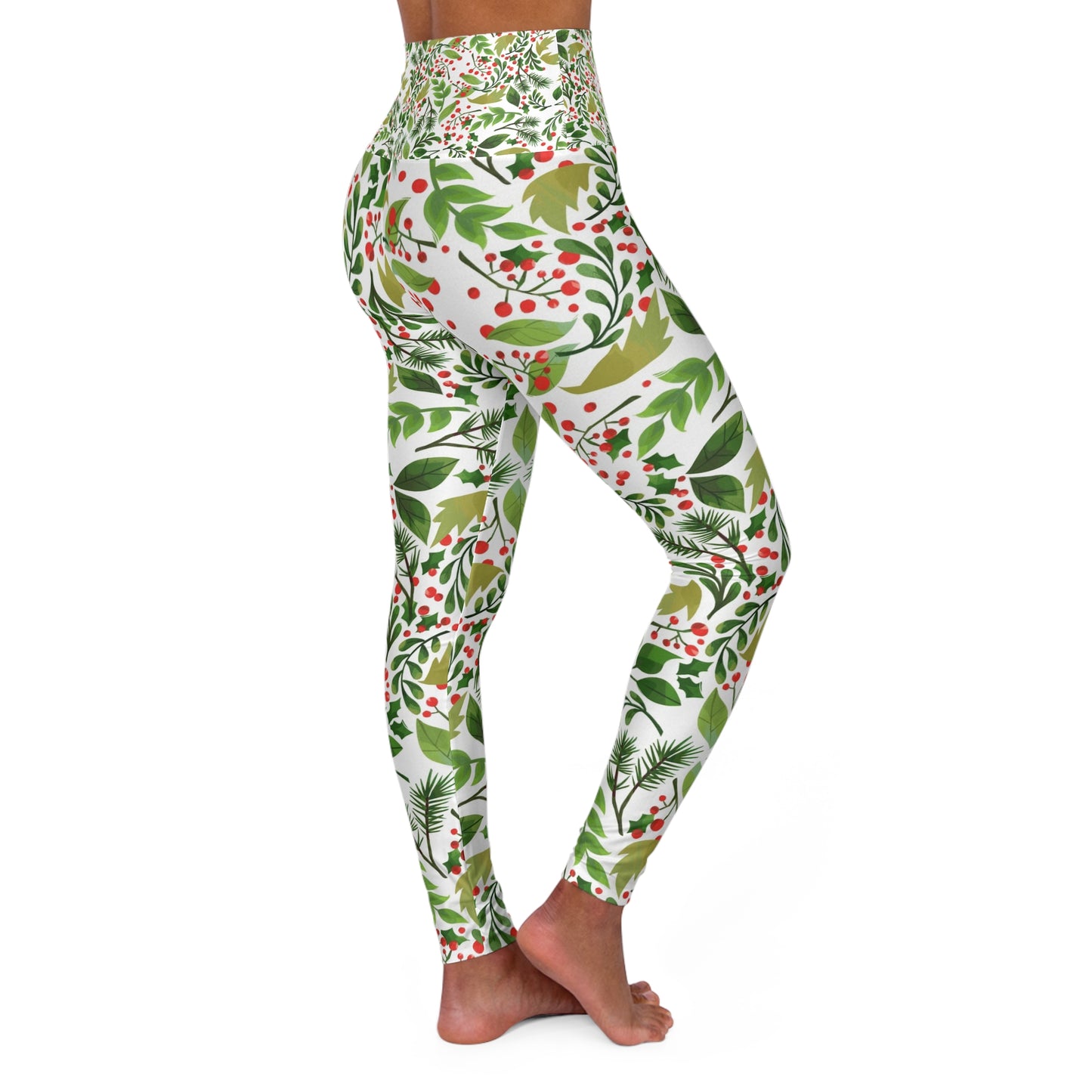 Festive High Waisted Yoga Leggings - Holiday Floral Print