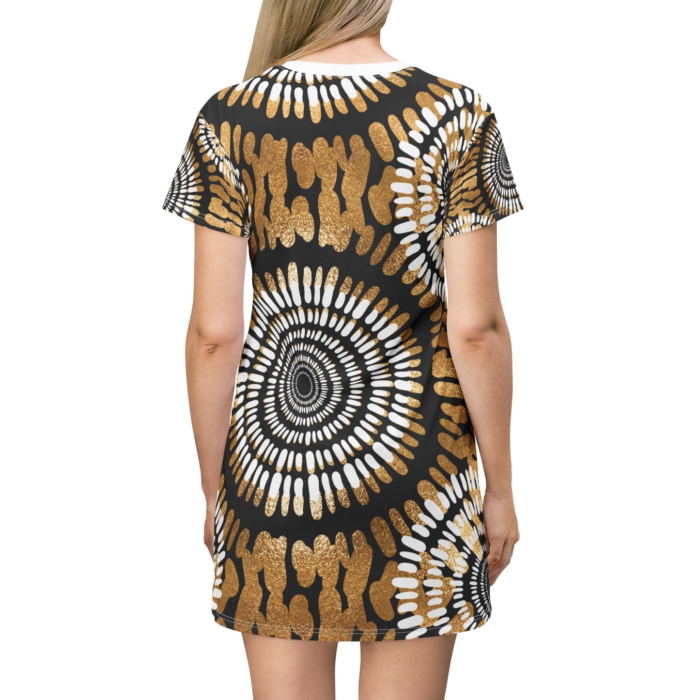 Boho Chic T-Shirt Dress with Gold Mandala Print