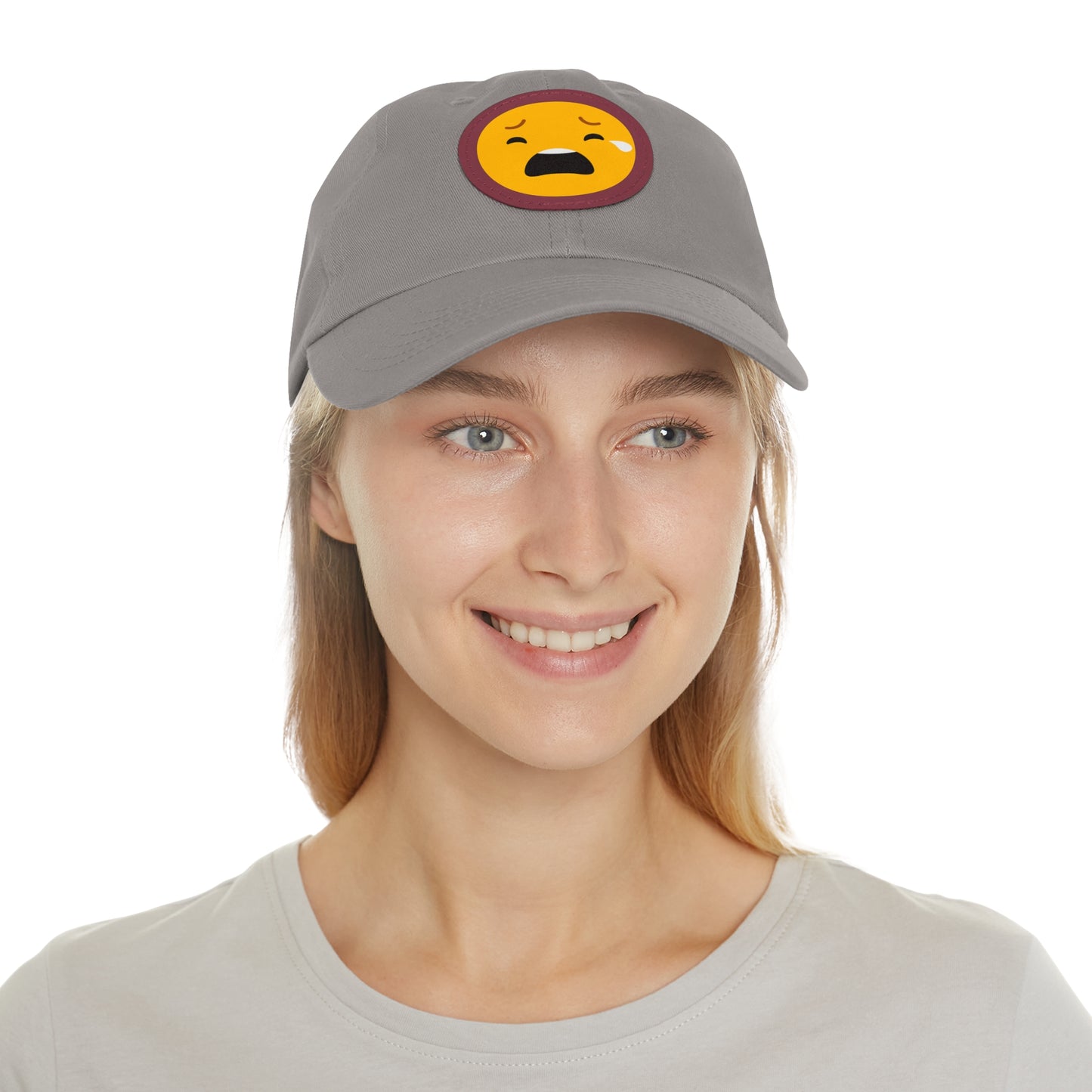 Emotional Dad Hat with Leather Patch - Sad Emoji Cap for Everyday Wear