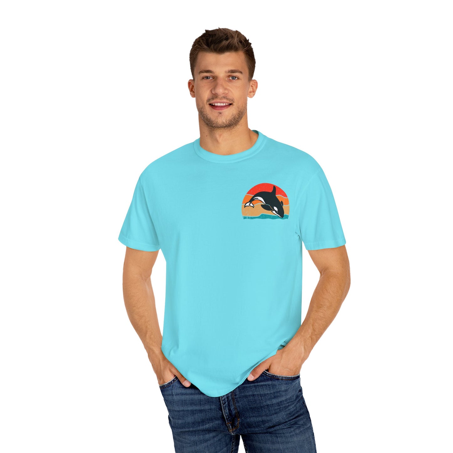 Ocean Sunset Orca Unisex T-Shirt - Relaxed, Vibrant Beach Vibes