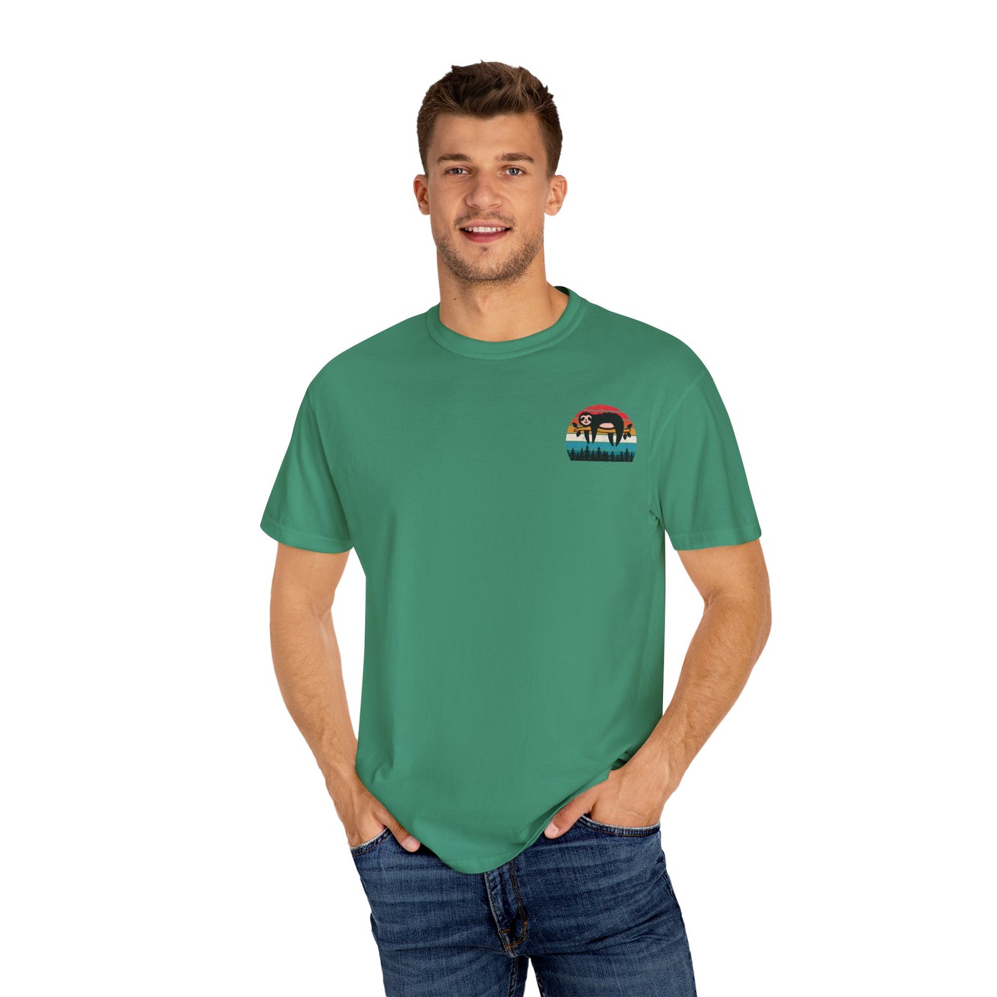 Chill Vibes Unisex Garment-Dyed T-Shirt - Retro Sloth & Sunset Design