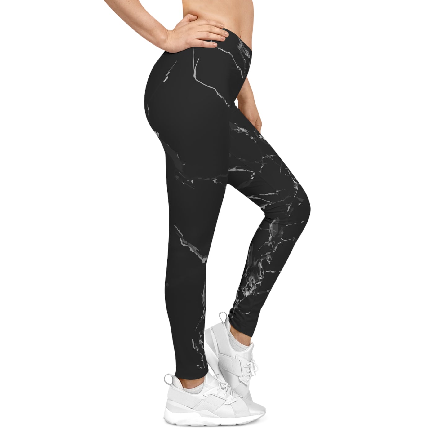 Chic Marble Print Leggings for Women, Casual Stretch Yoga Pants, Athleisure Wear, Black Marble Active Leggings, Fashionable Workout Leggings