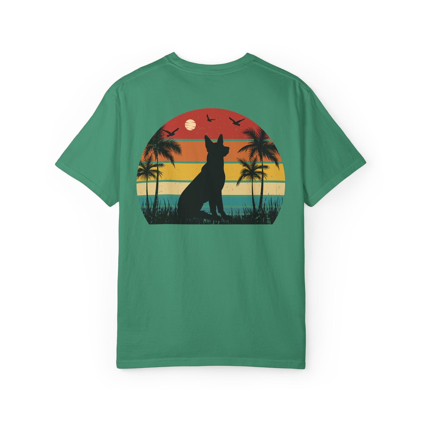 Sunset Palms Unisex Garment-Dyed T-Shirt with Dog Design