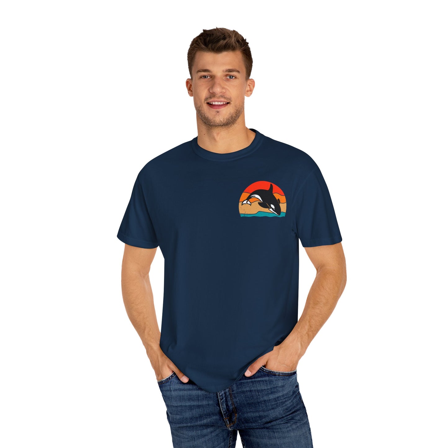 Ocean Sunset Orca Unisex T-Shirt - Relaxed, Vibrant Beach Vibes