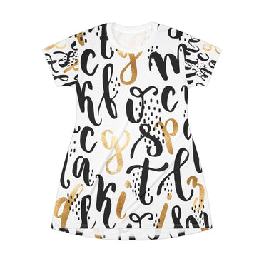 Chic Script T-Shirt Dress - Stylish Black & Gold Letter Print