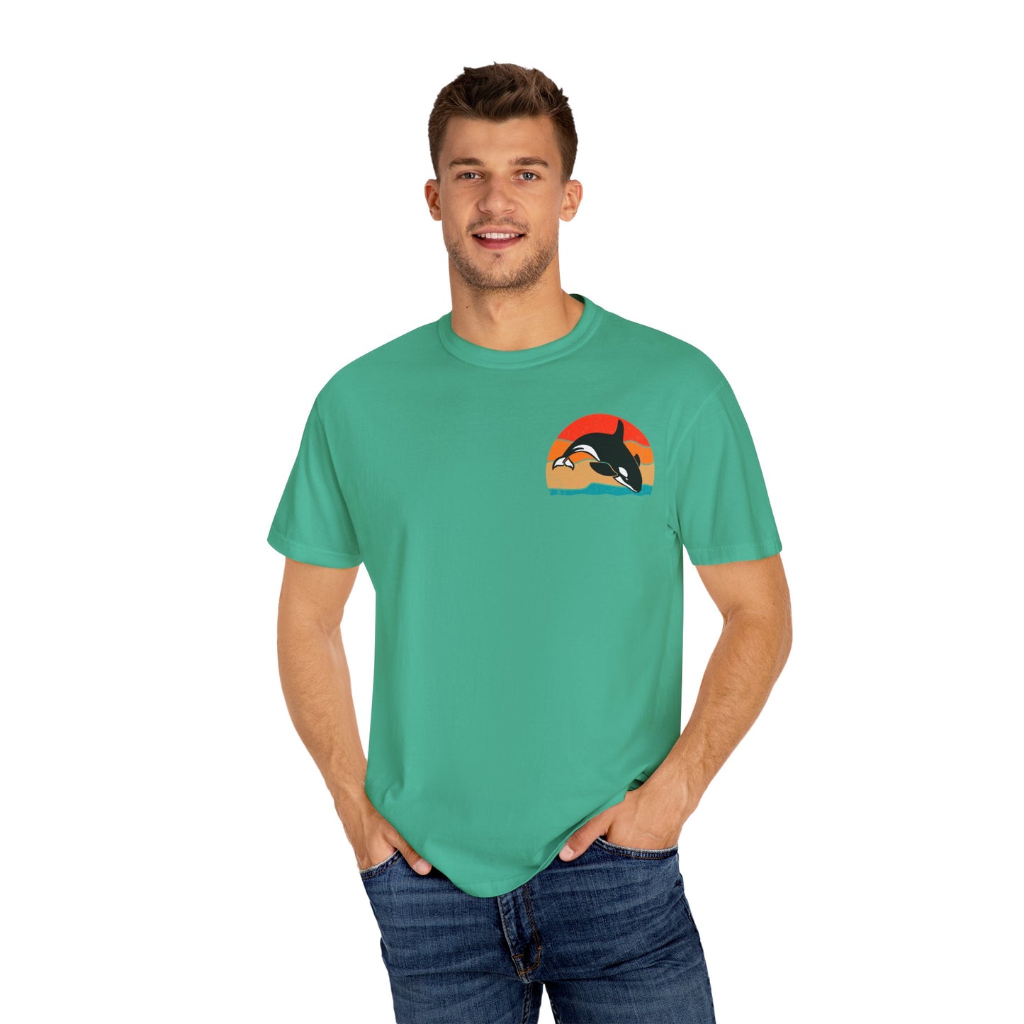 Ocean Sunset Orca Unisex T-Shirt - Relaxed, Vibrant Beach Vibes