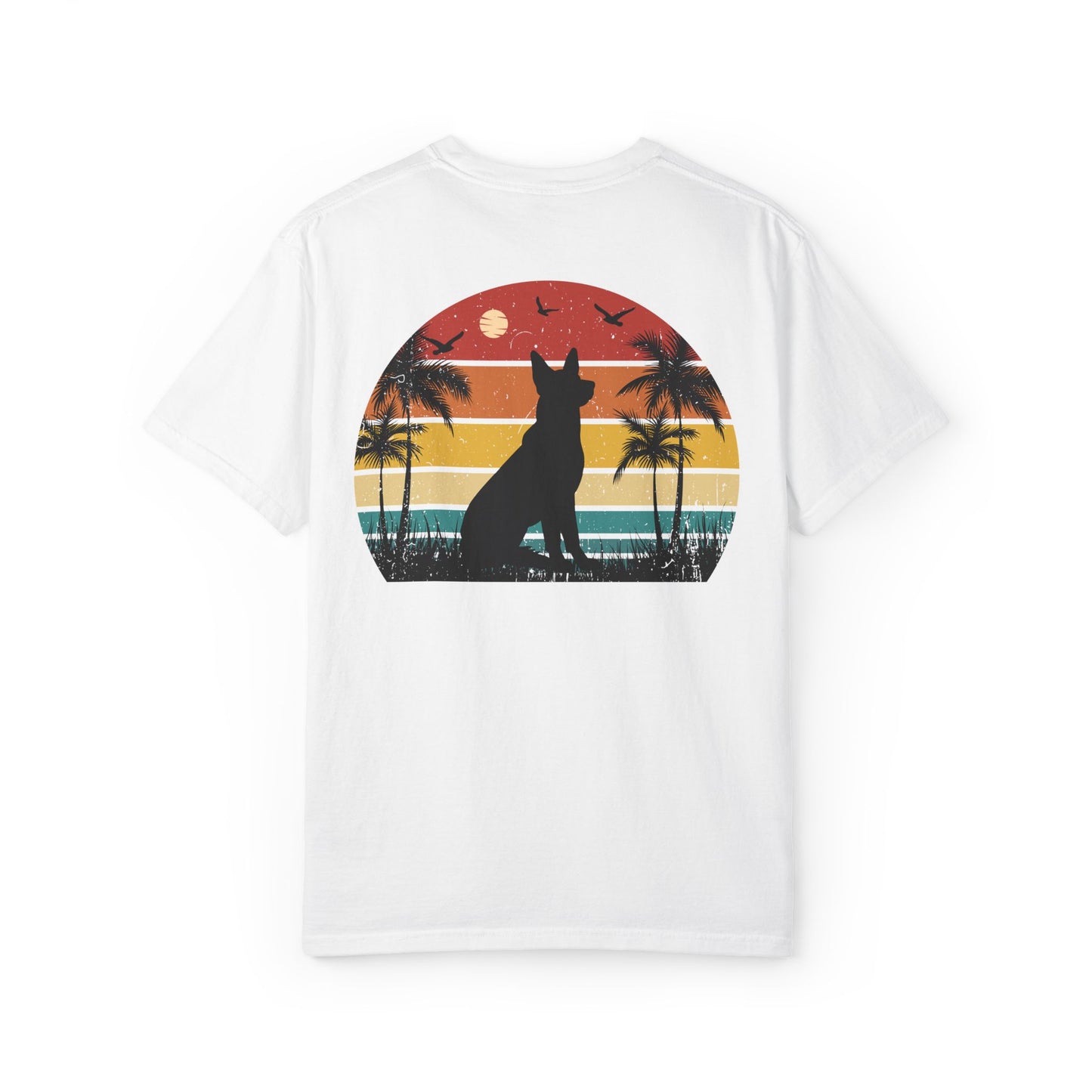 Sunset Palms Unisex Garment-Dyed T-Shirt with Dog Design