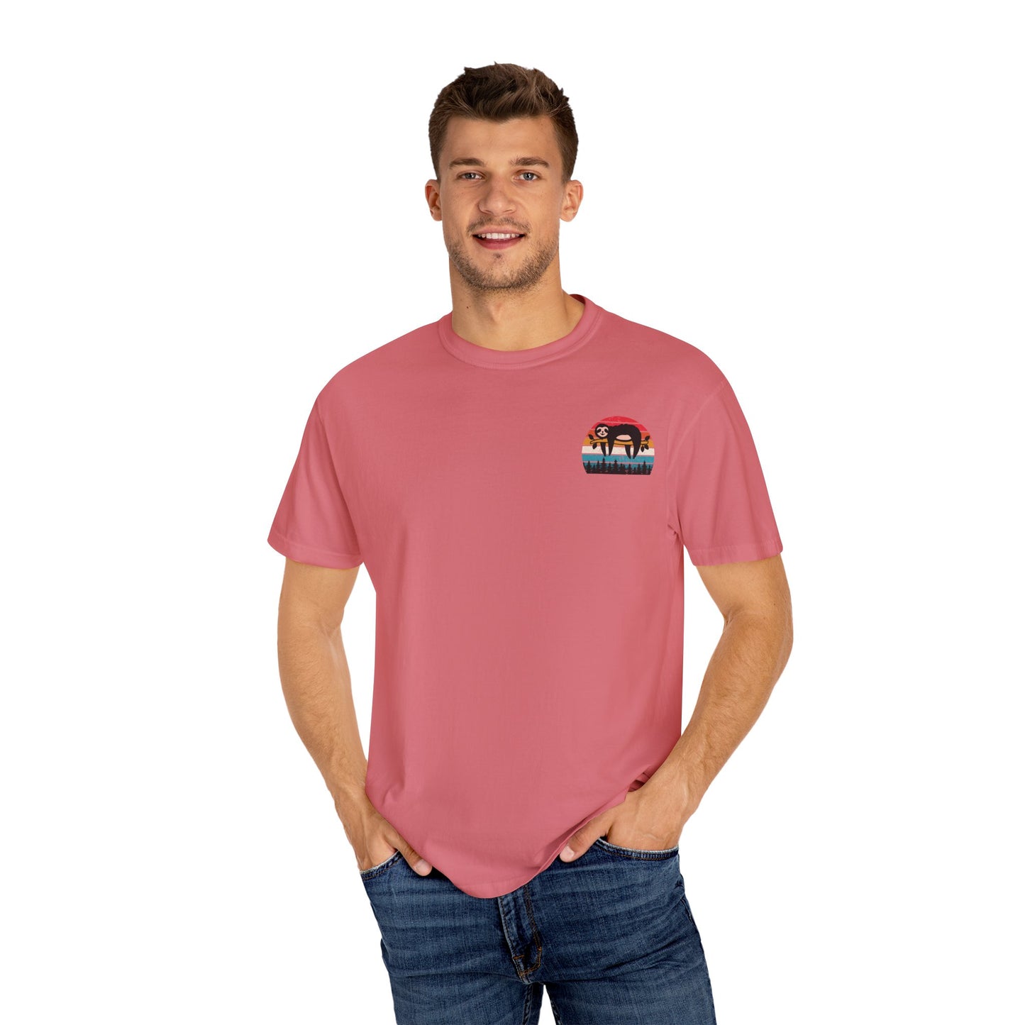 Chill Vibes Unisex Garment-Dyed T-Shirt - Retro Sloth & Sunset Design