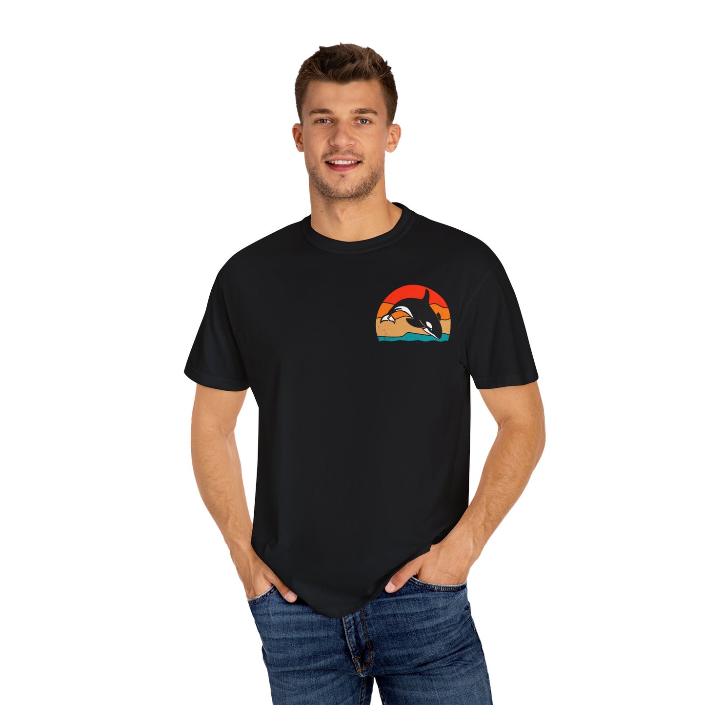 Ocean Sunset Orca Unisex T-Shirt - Relaxed, Vibrant Beach Vibes