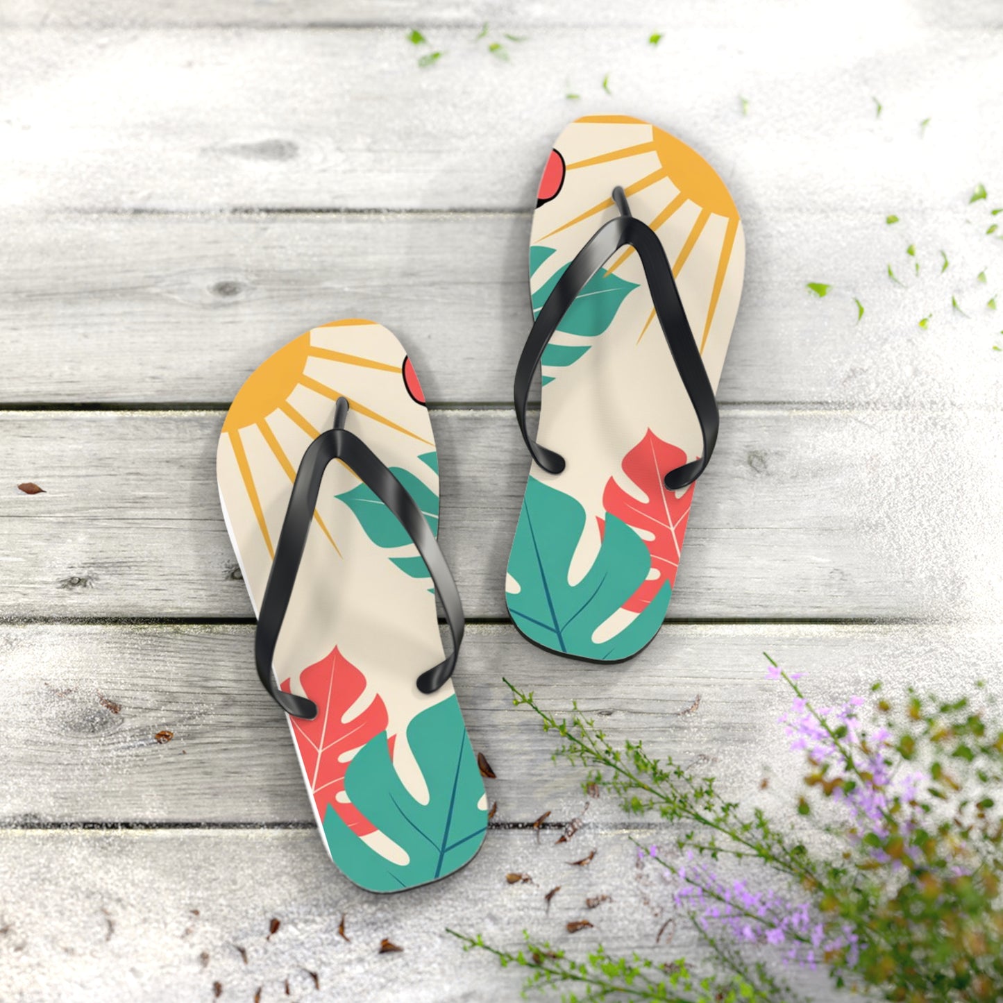Tropical Flip Flops - Stylish Summer Sandals with Sun & Leaves, Beachwear, Vacation Footwear, Gift Idea