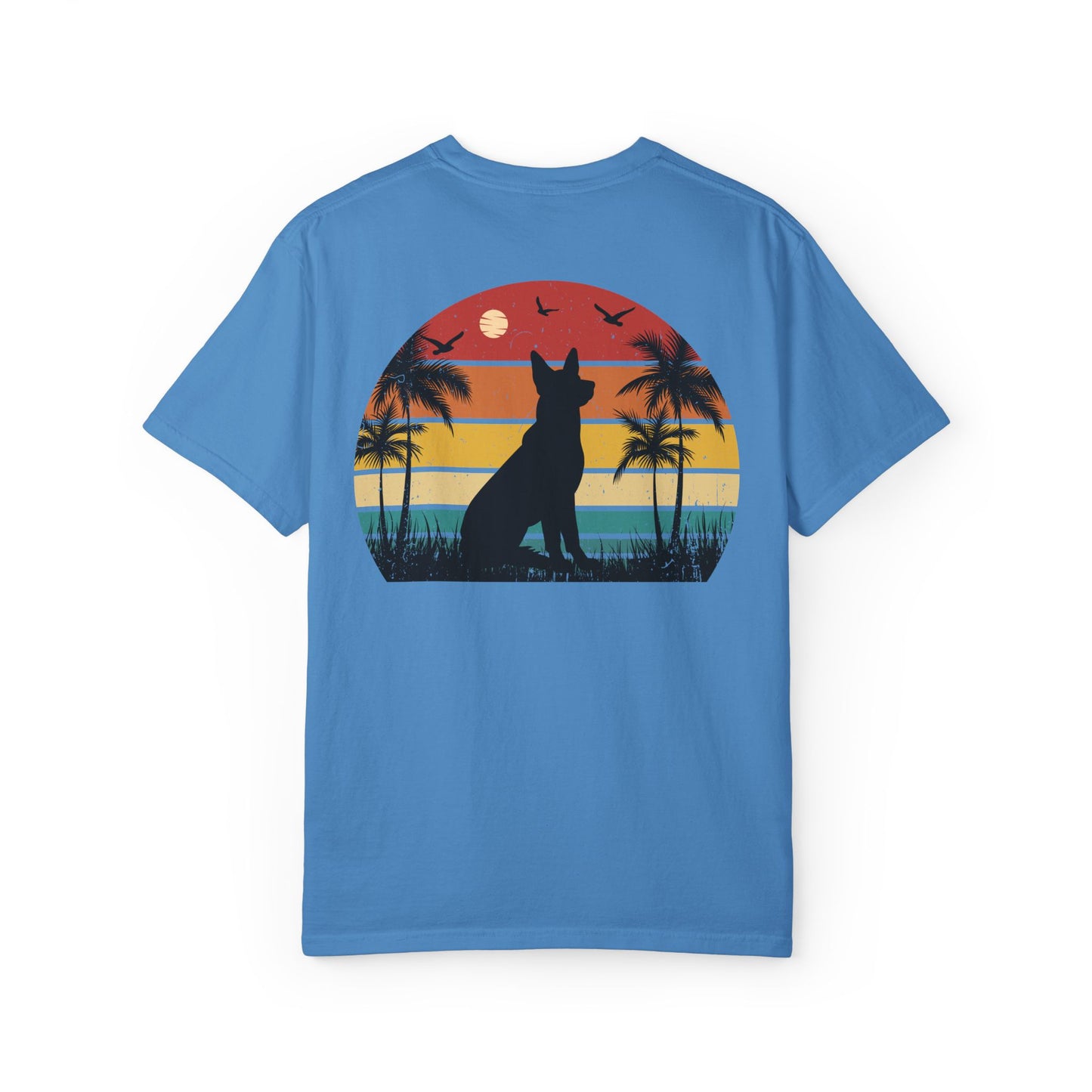 Sunset Palms Unisex Garment-Dyed T-Shirt with Dog Design