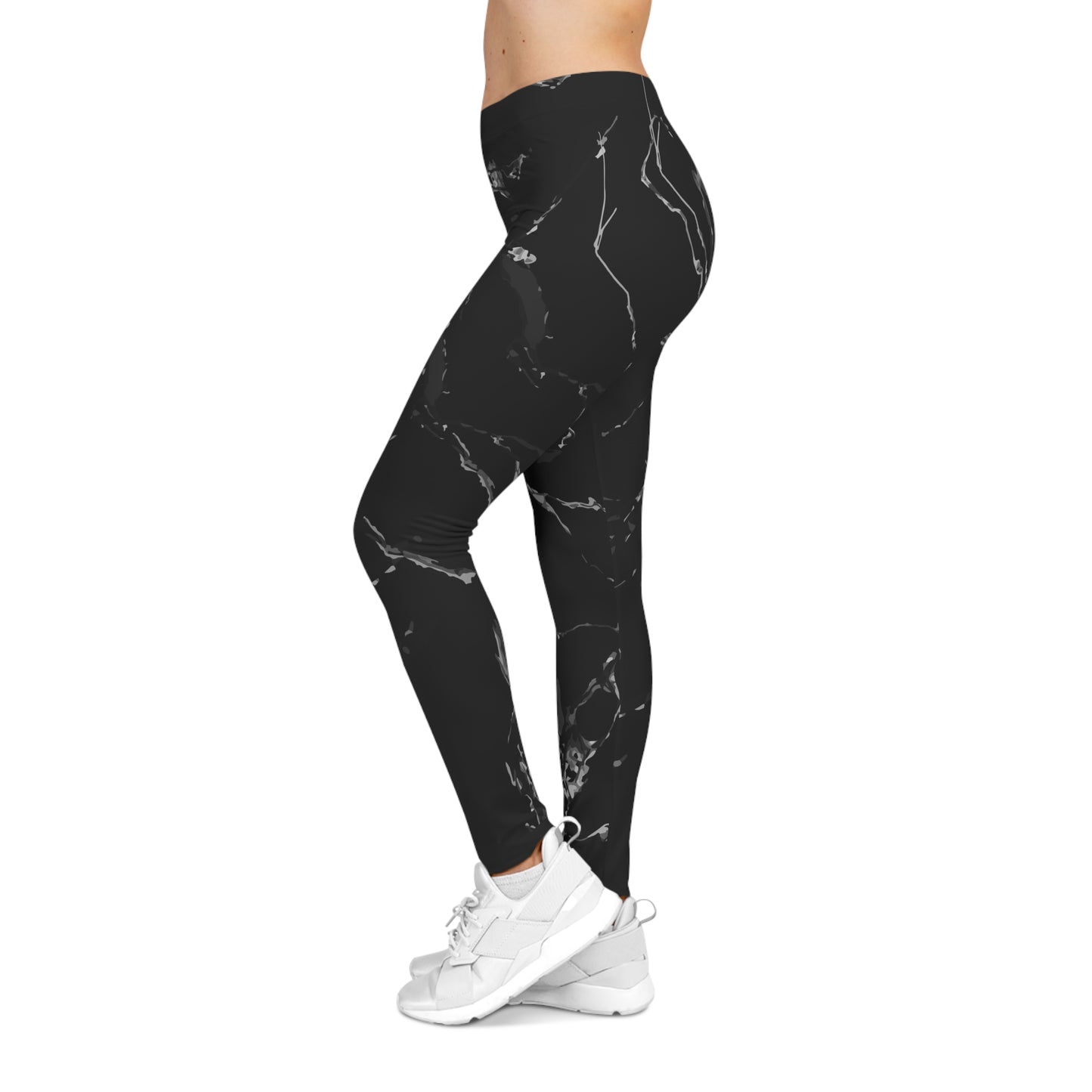 Chic Marble Print Leggings for Women, Casual Stretch Yoga Pants, Athleisure Wear, Black Marble Active Leggings, Fashionable Workout Leggings