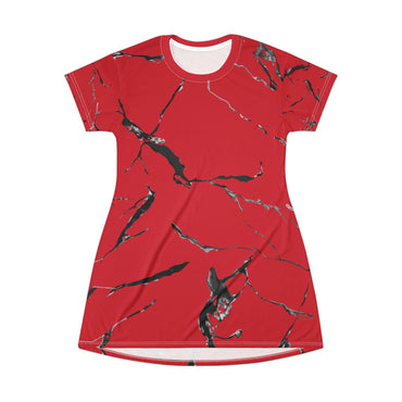 Vibrant Red Marble T-Shirt Dress, Casual Dress, Summer Outfit, Everyday Wear, Gift for Her
