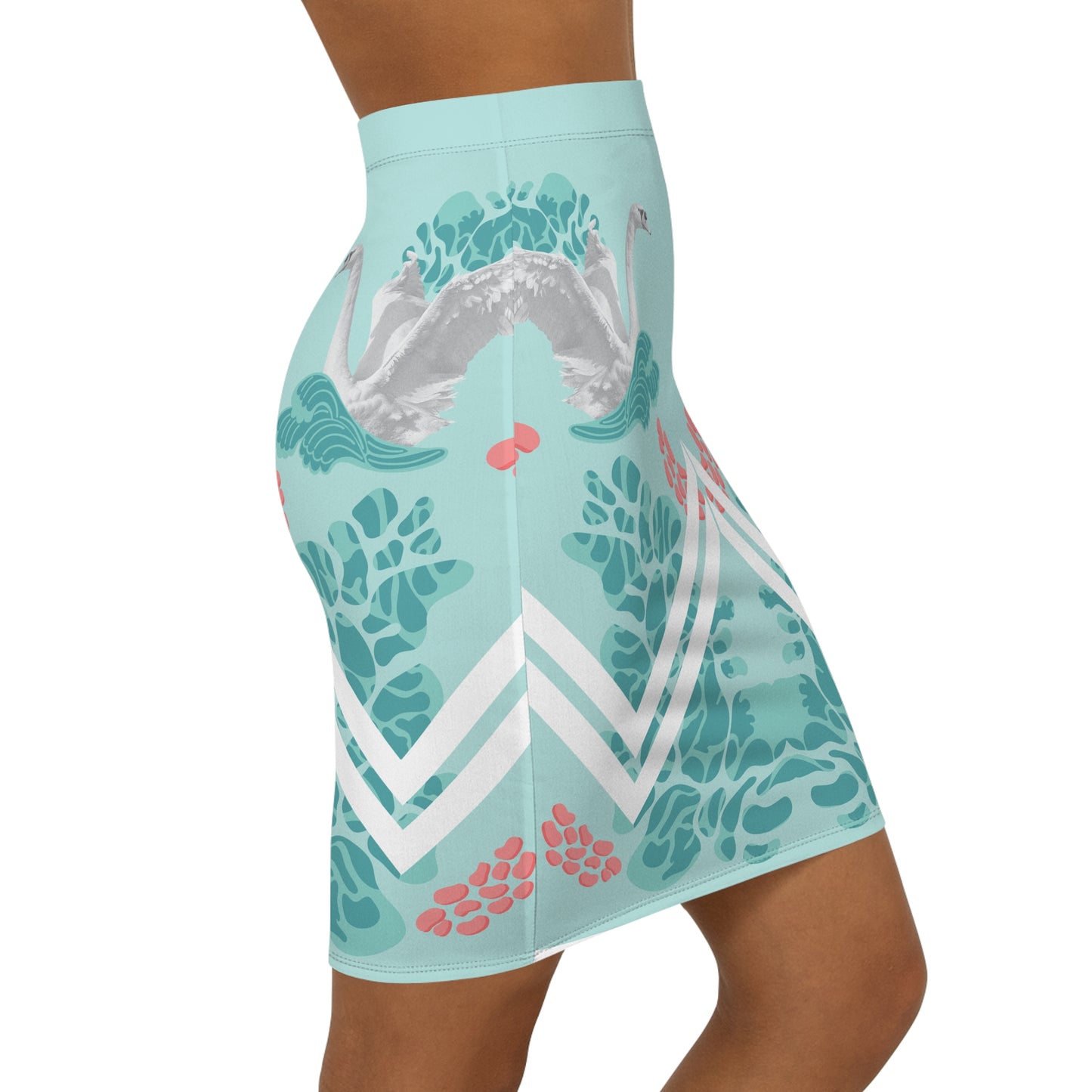 Elegant Swan Print Mid-Waist Pencil Skirt - Chic & Stylish Women's Fashion