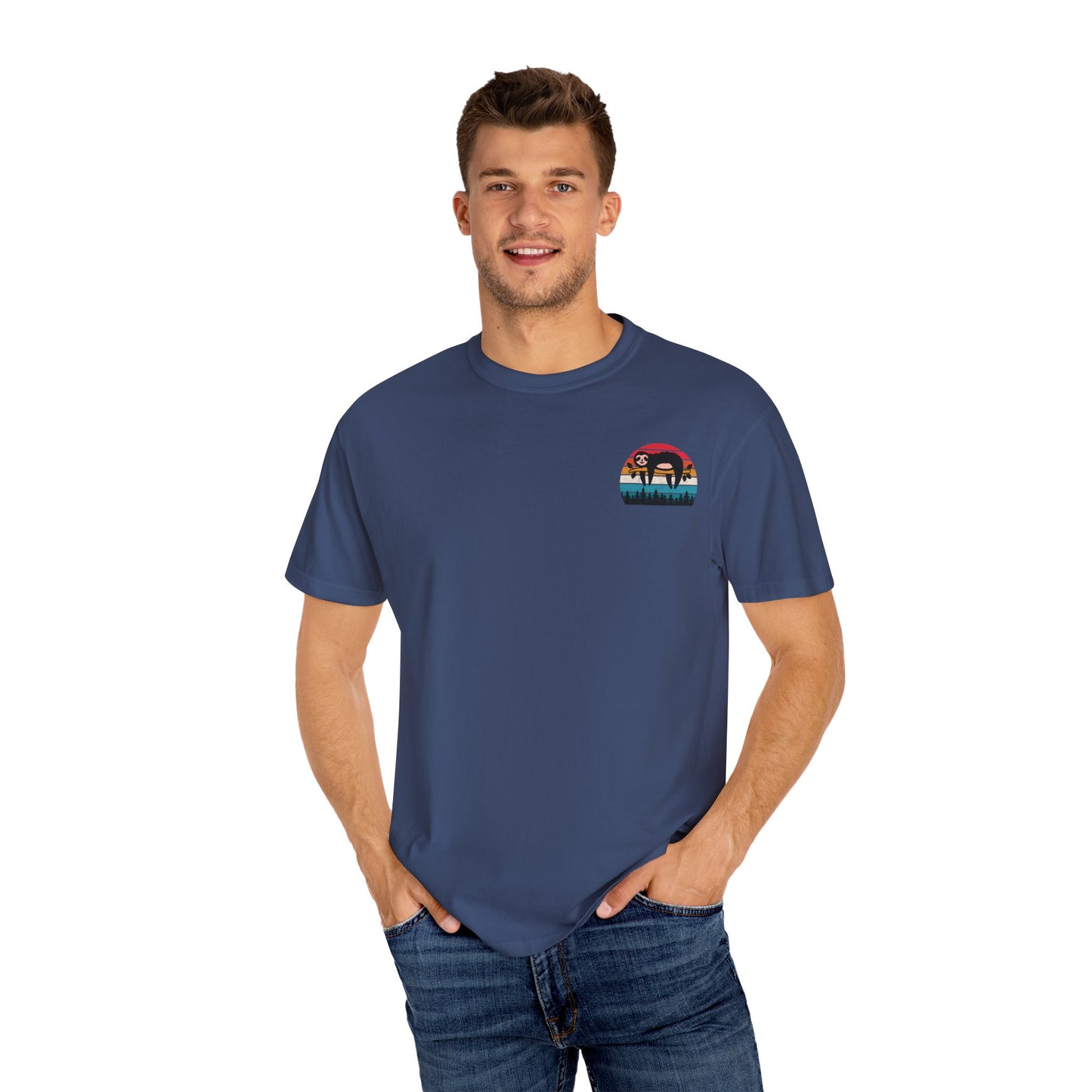 Chill Vibes Unisex Garment-Dyed T-Shirt - Retro Sloth & Sunset Design