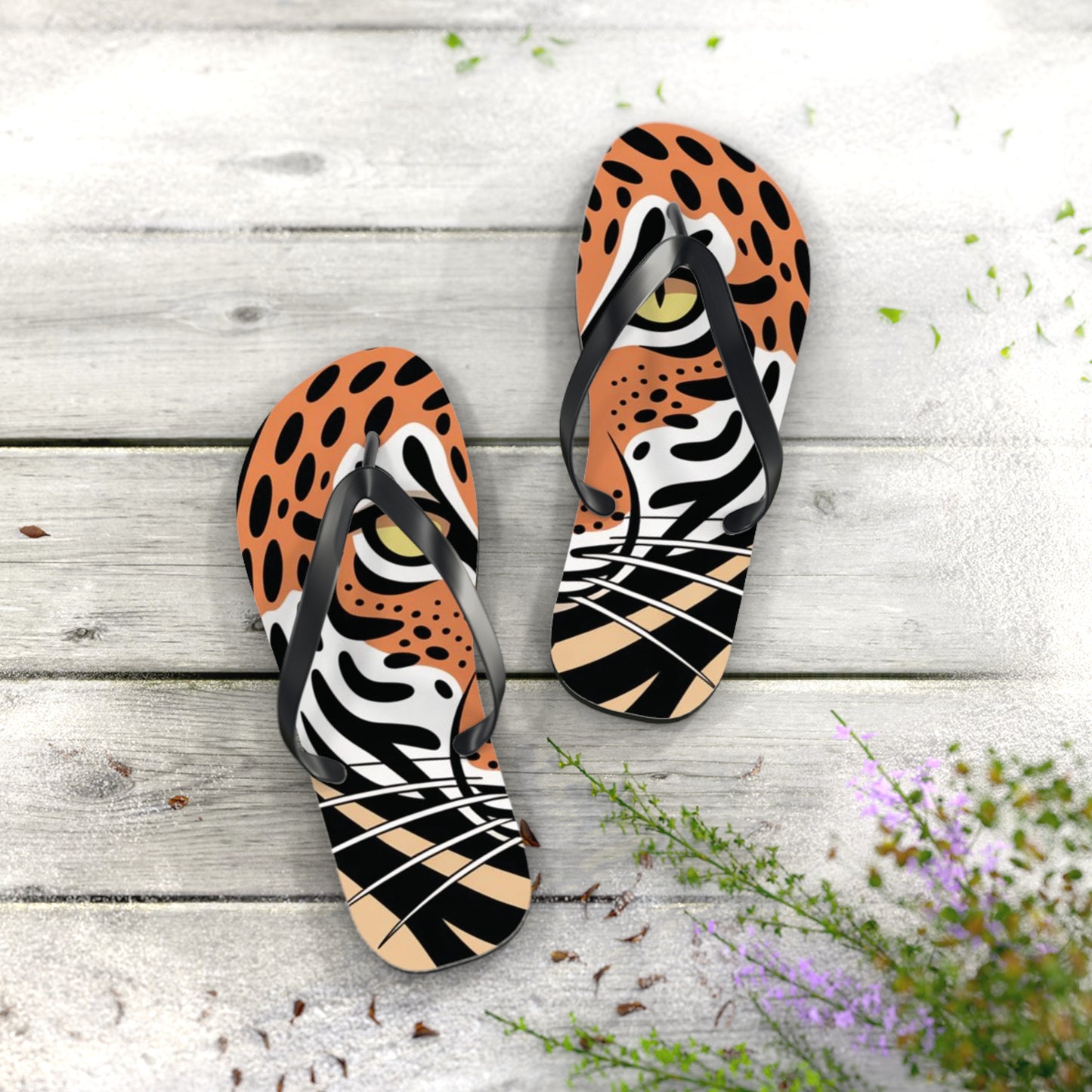 Tiger Flip Flops, Summer Beach Sandals, Vacation Footwear, Fun Poolside Slippers, Wild Tiger Graphic, Animal Print Shoes
