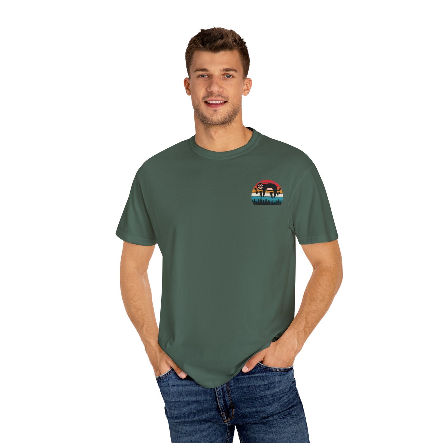 Chill Vibes Unisex Garment-Dyed T-Shirt - Retro Sloth & Sunset Design