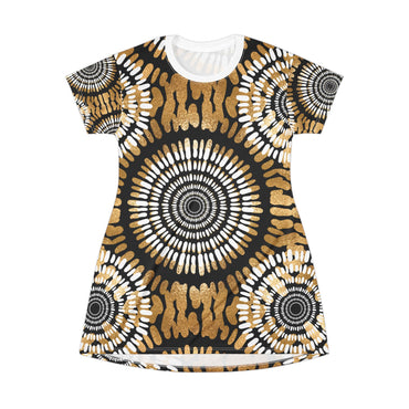 Boho Chic T-Shirt Dress with Gold Mandala Print