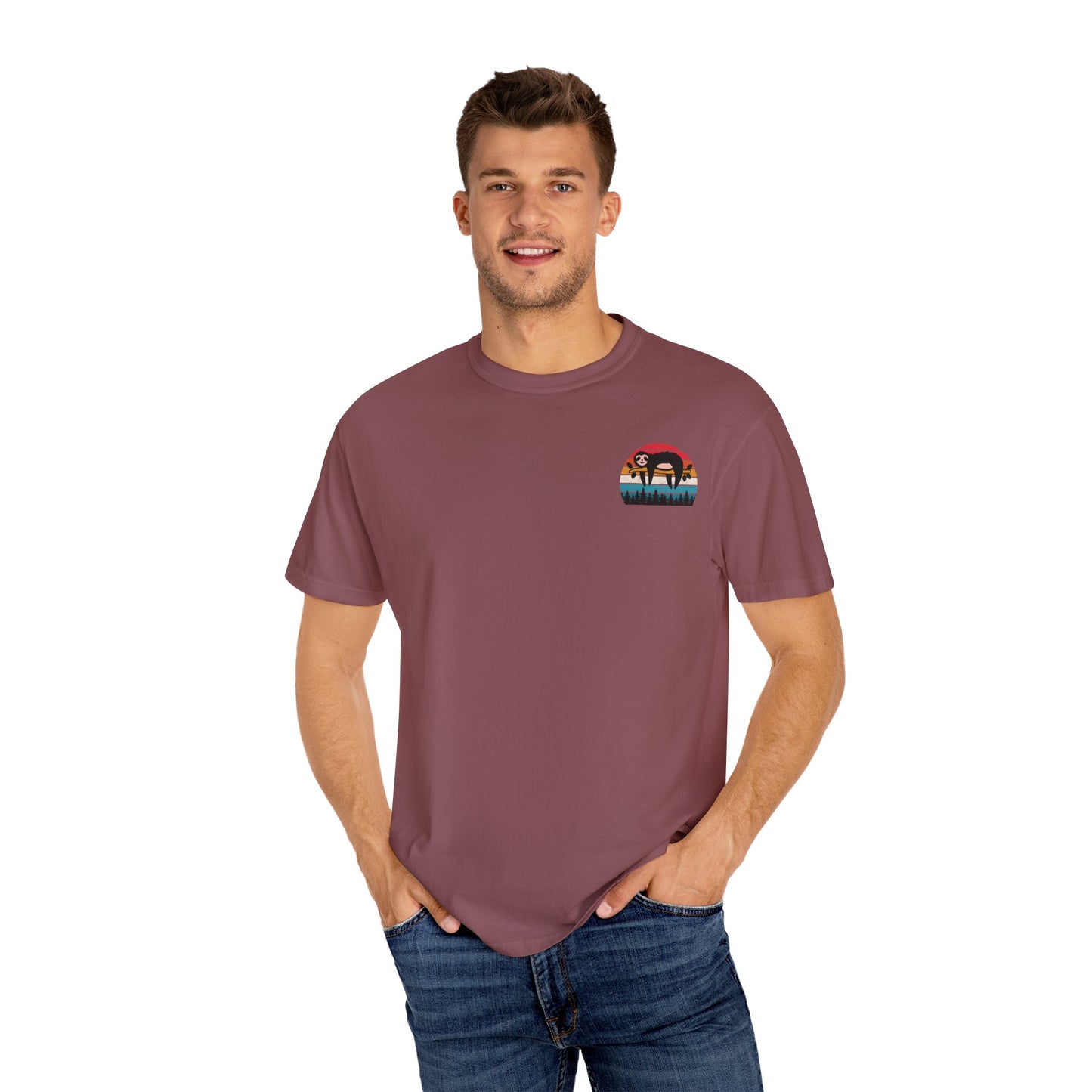 Chill Vibes Unisex Garment-Dyed T-Shirt - Retro Sloth & Sunset Design