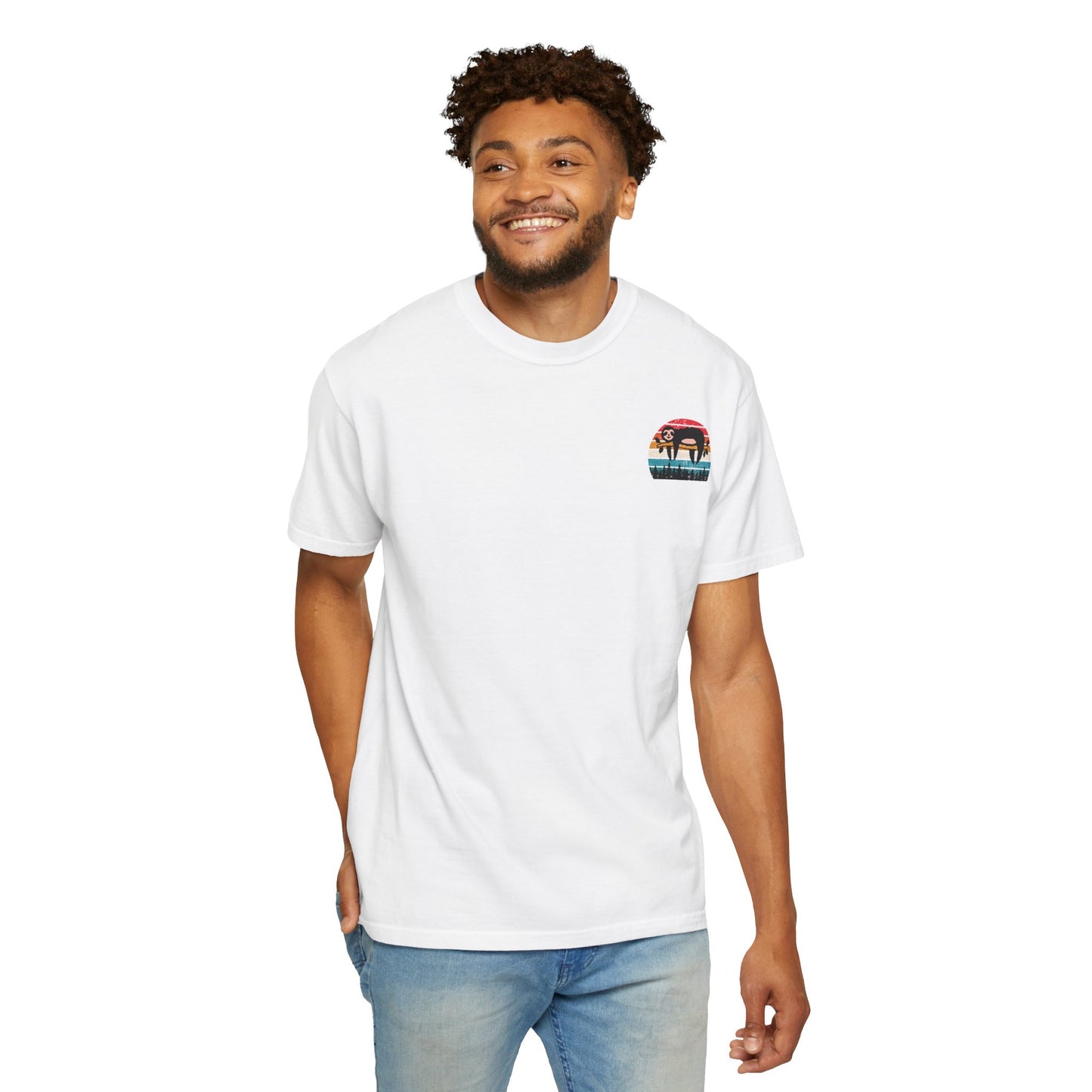 Chill Vibes Unisex Garment-Dyed T-Shirt - Retro Sloth & Sunset Design