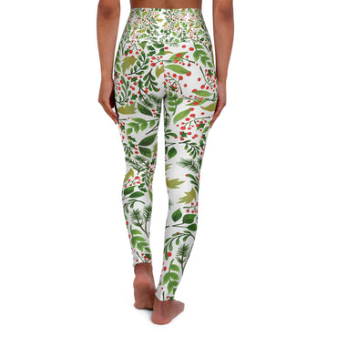 Festive High Waisted Yoga Leggings - Holiday Floral Print
