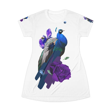 Elegant Peacock Floral T-Shirt Dress, Bohemian Style Dress, Summer Fashion, Casual Wear, Gift for Her, Festival Outfit