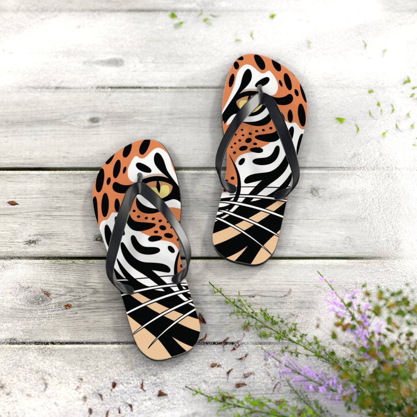 Tiger Flip Flops, Summer Beach Sandals, Vacation Footwear, Fun Poolside Slippers, Wild Tiger Graphic, Animal Print Shoes