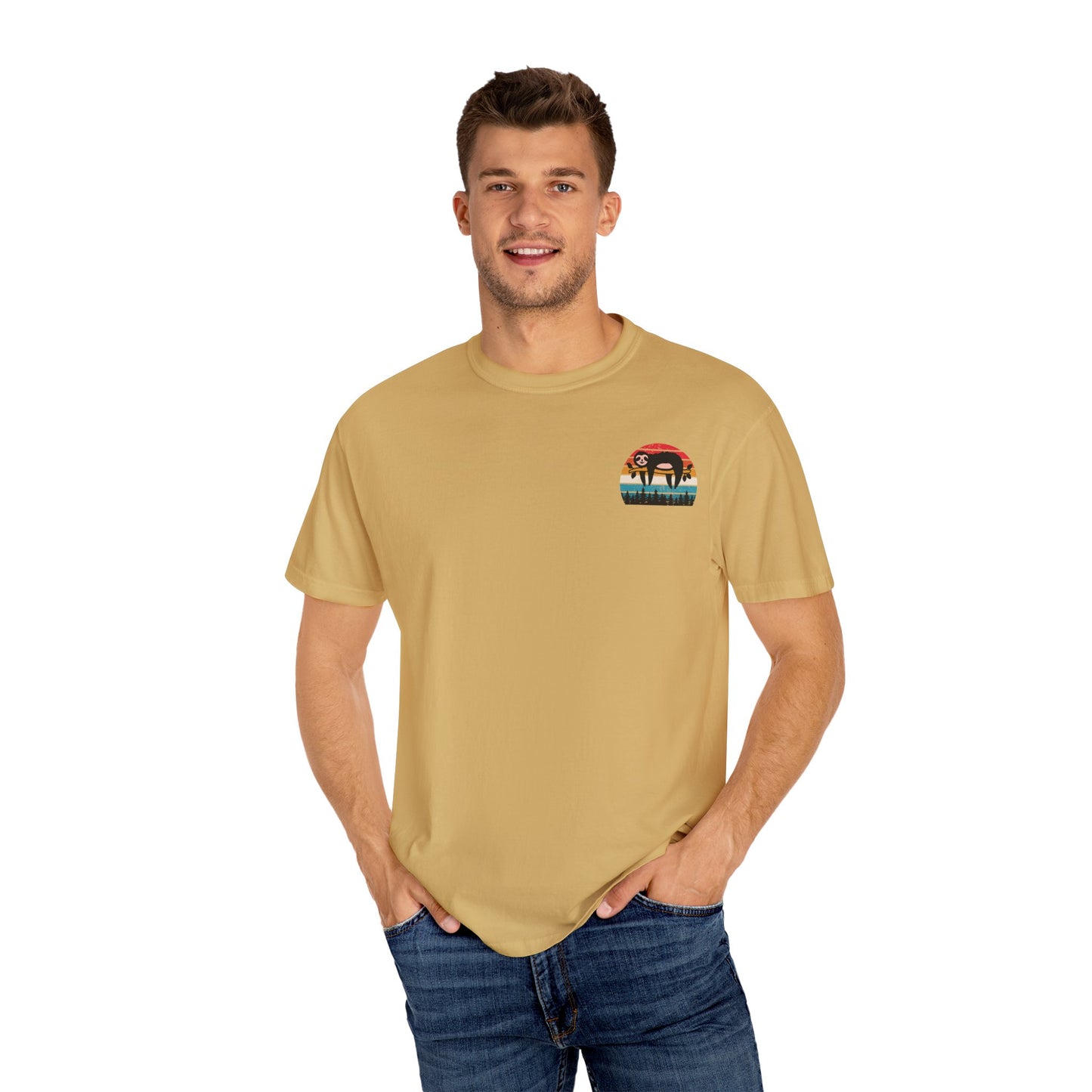 Chill Vibes Unisex Garment-Dyed T-Shirt - Retro Sloth & Sunset Design