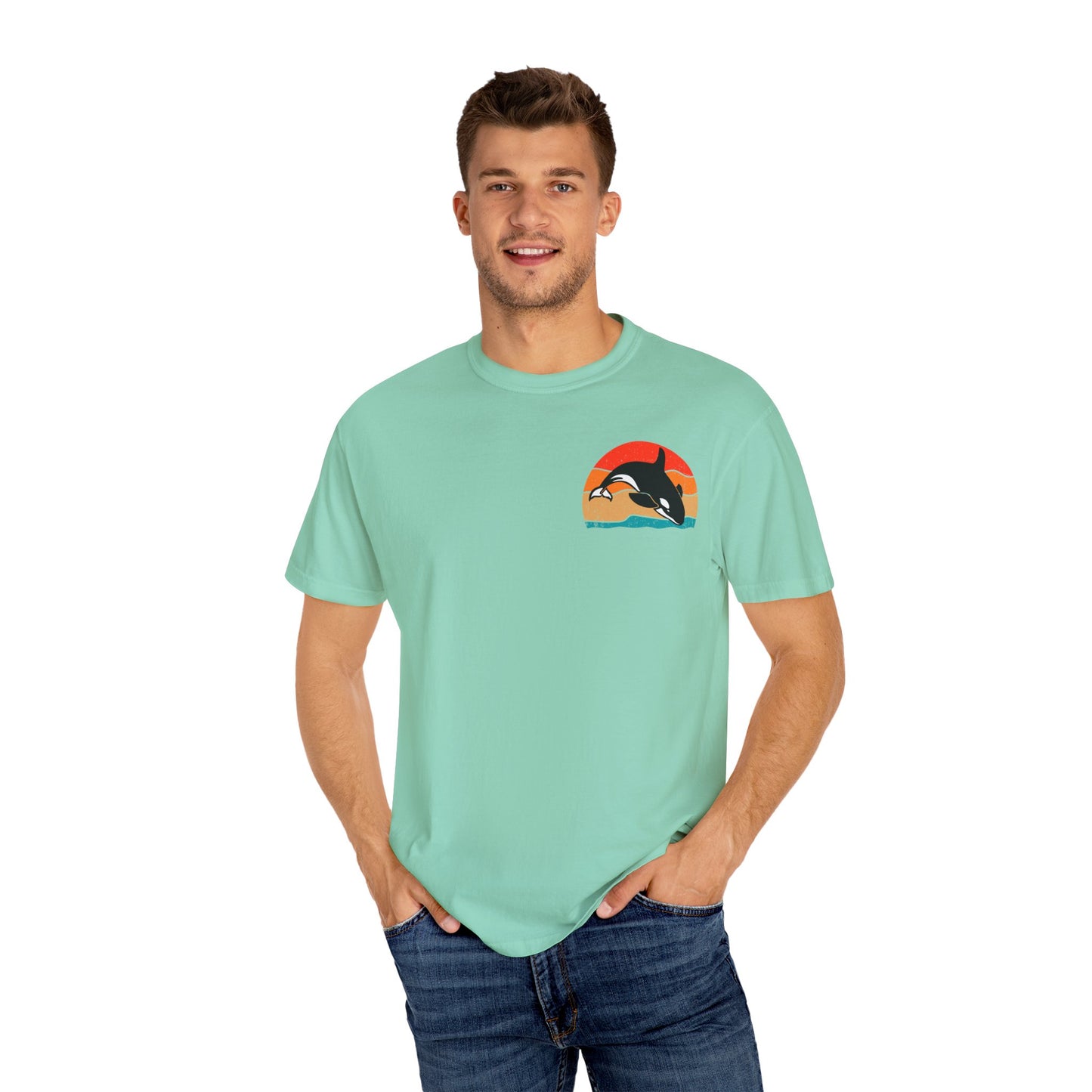 Ocean Sunset Orca Unisex T-Shirt - Relaxed, Vibrant Beach Vibes