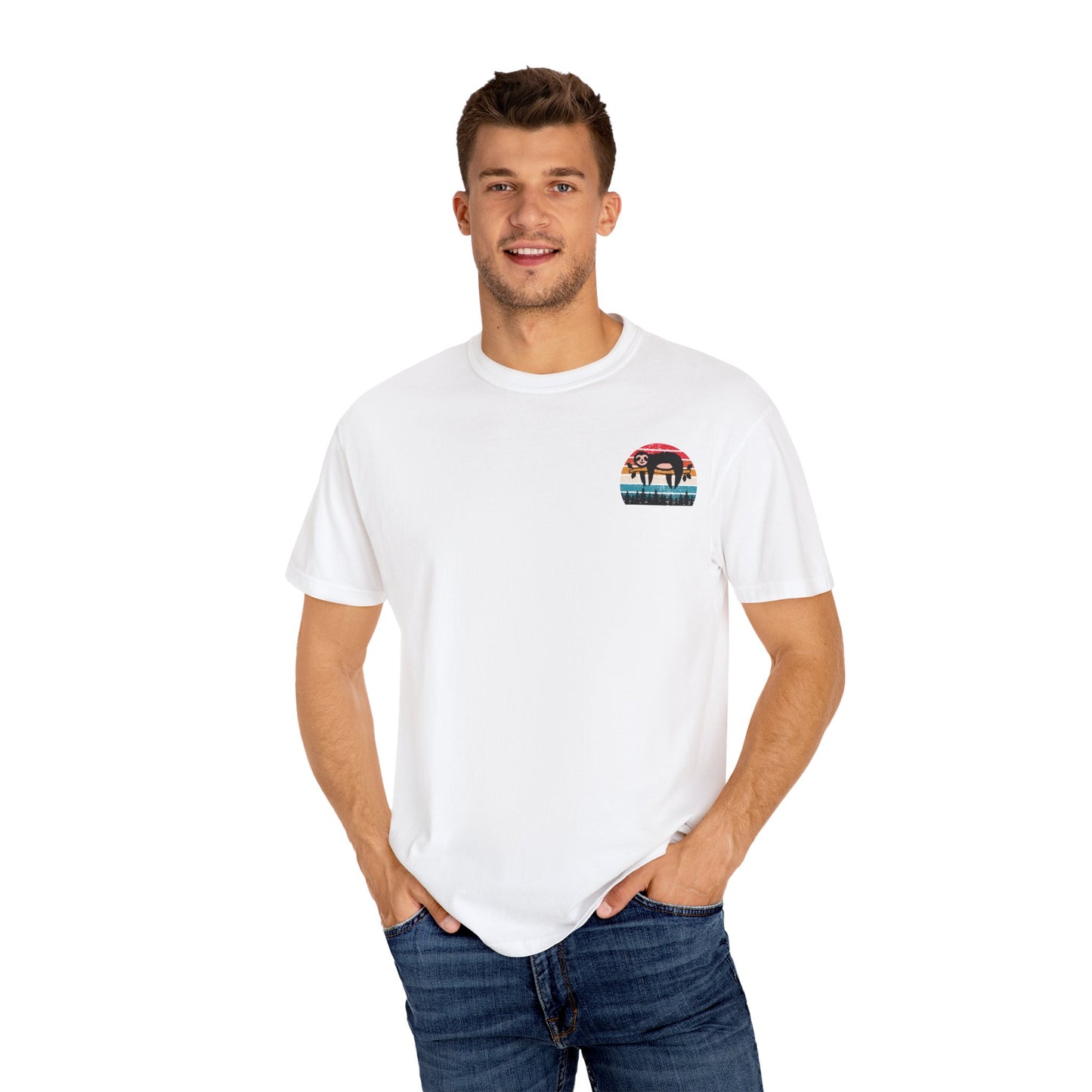 Chill Vibes Unisex Garment-Dyed T-Shirt - Retro Sloth & Sunset Design