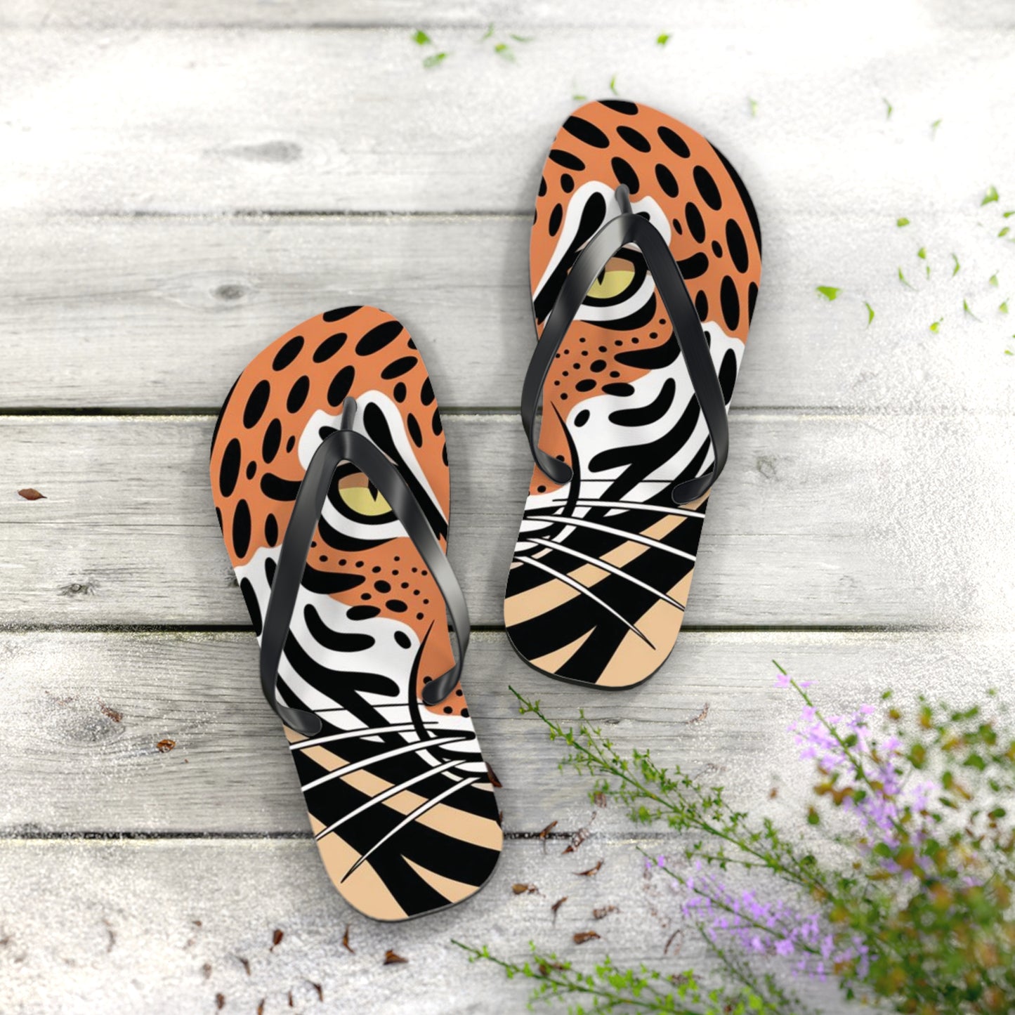 Tiger Flip Flops, Summer Beach Sandals, Vacation Footwear, Fun Poolside Slippers, Wild Tiger Graphic, Animal Print Shoes