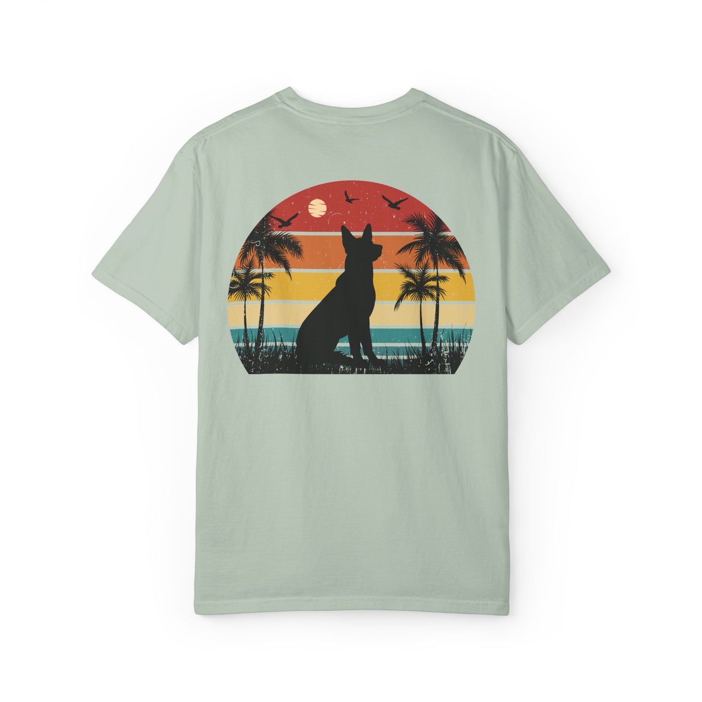 Sunset Palms Unisex Garment-Dyed T-Shirt with Dog Design