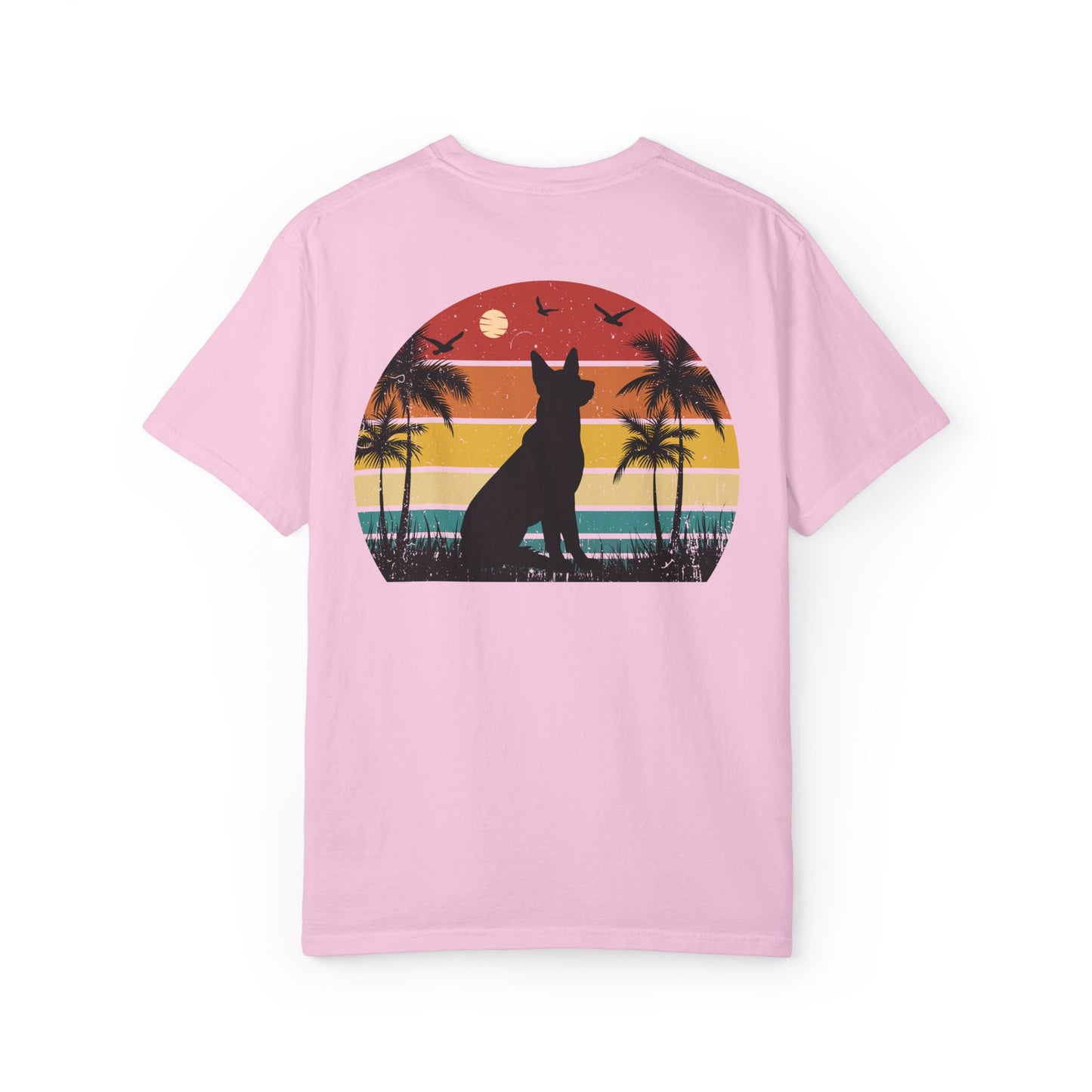 Sunset Palms Unisex Garment-Dyed T-Shirt with Dog Design