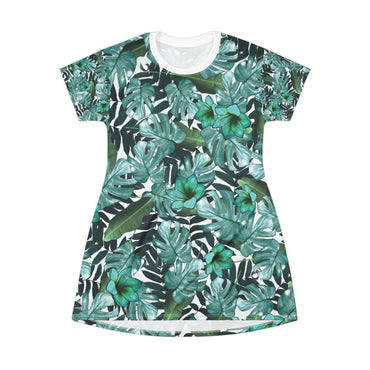 Tropical Vibe T-Shirt Dress | Botanical Leaf Print for Casual Summer Days