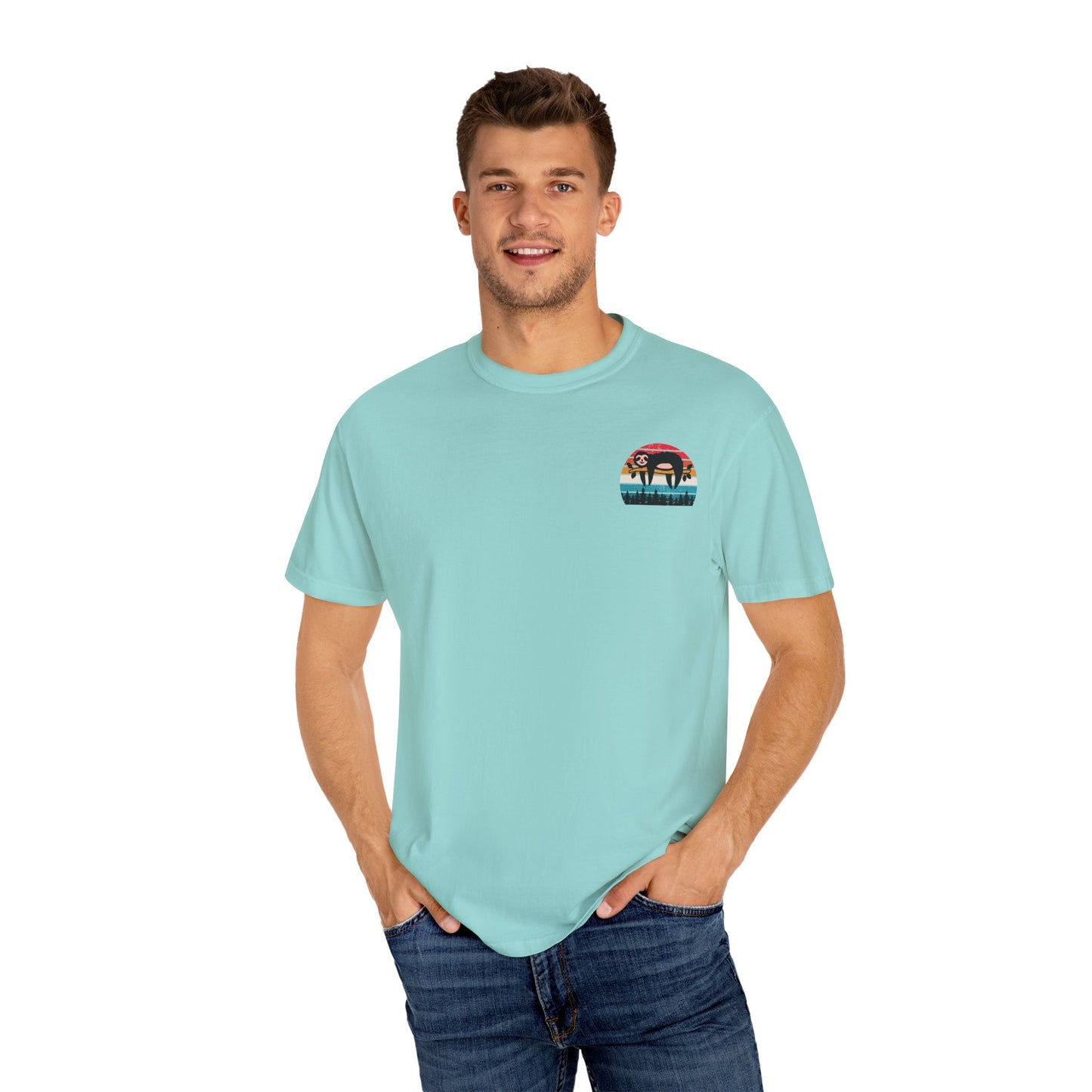 Chill Vibes Unisex Garment-Dyed T-Shirt - Retro Sloth & Sunset Design