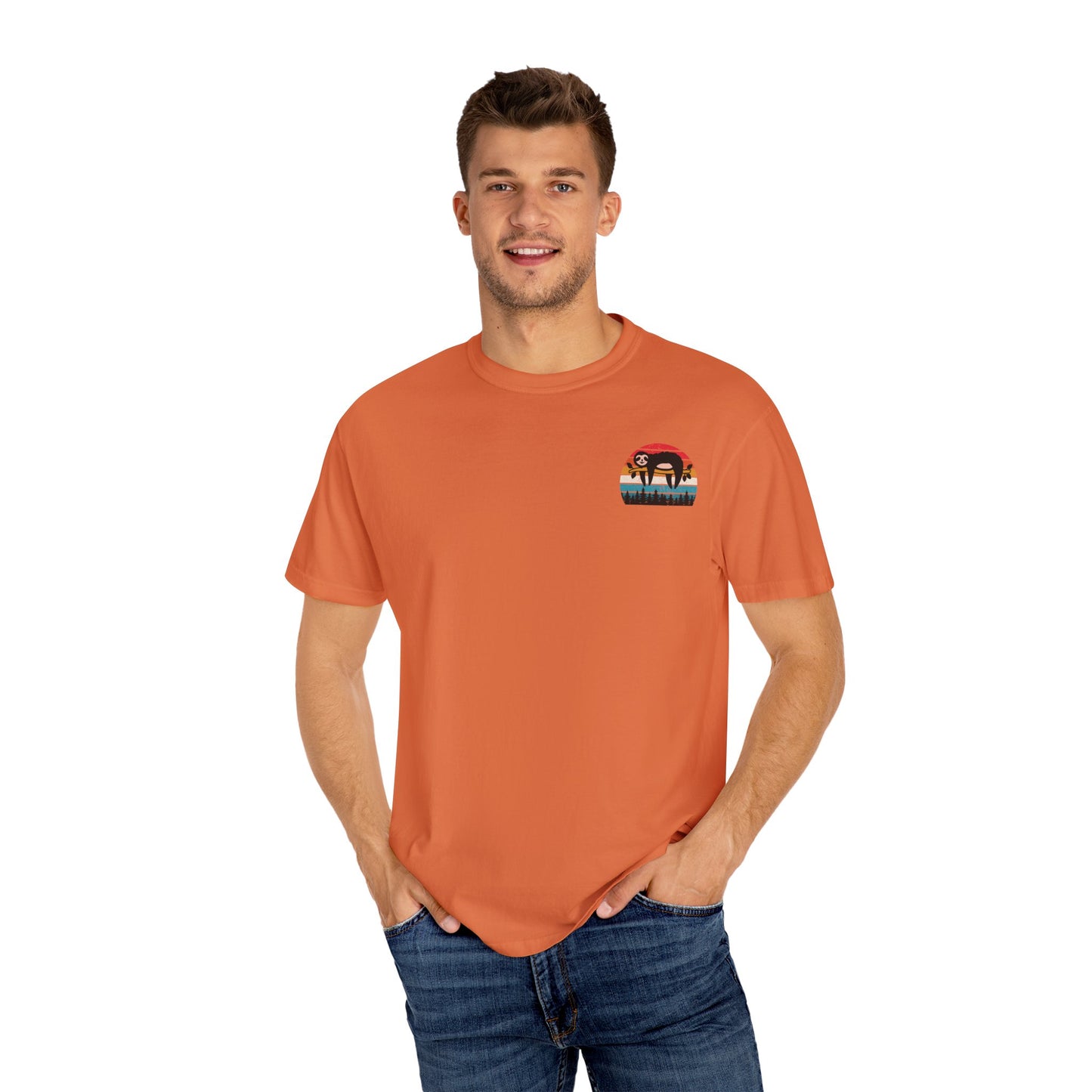 Chill Vibes Unisex Garment-Dyed T-Shirt - Retro Sloth & Sunset Design