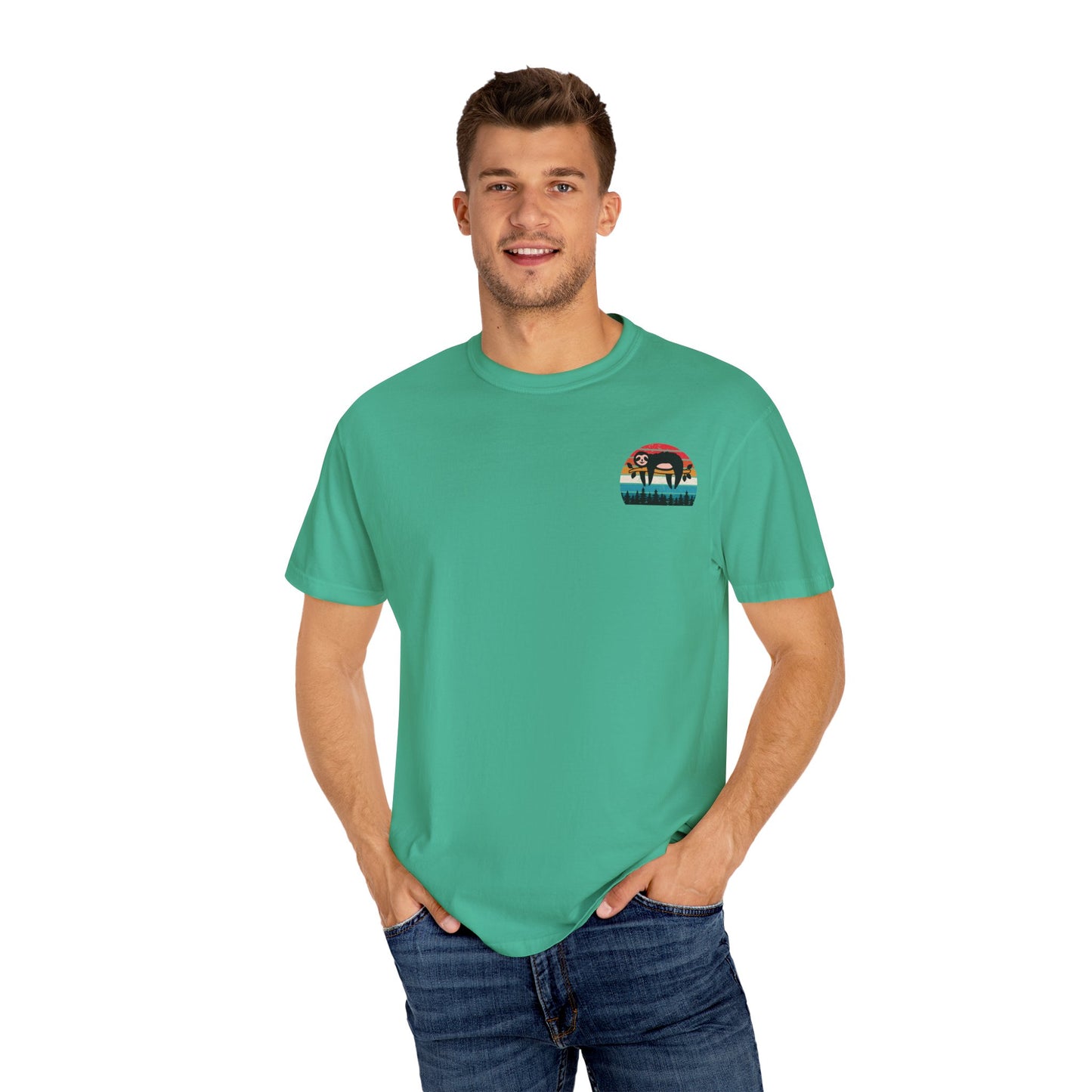 Chill Vibes Unisex Garment-Dyed T-Shirt - Retro Sloth & Sunset Design