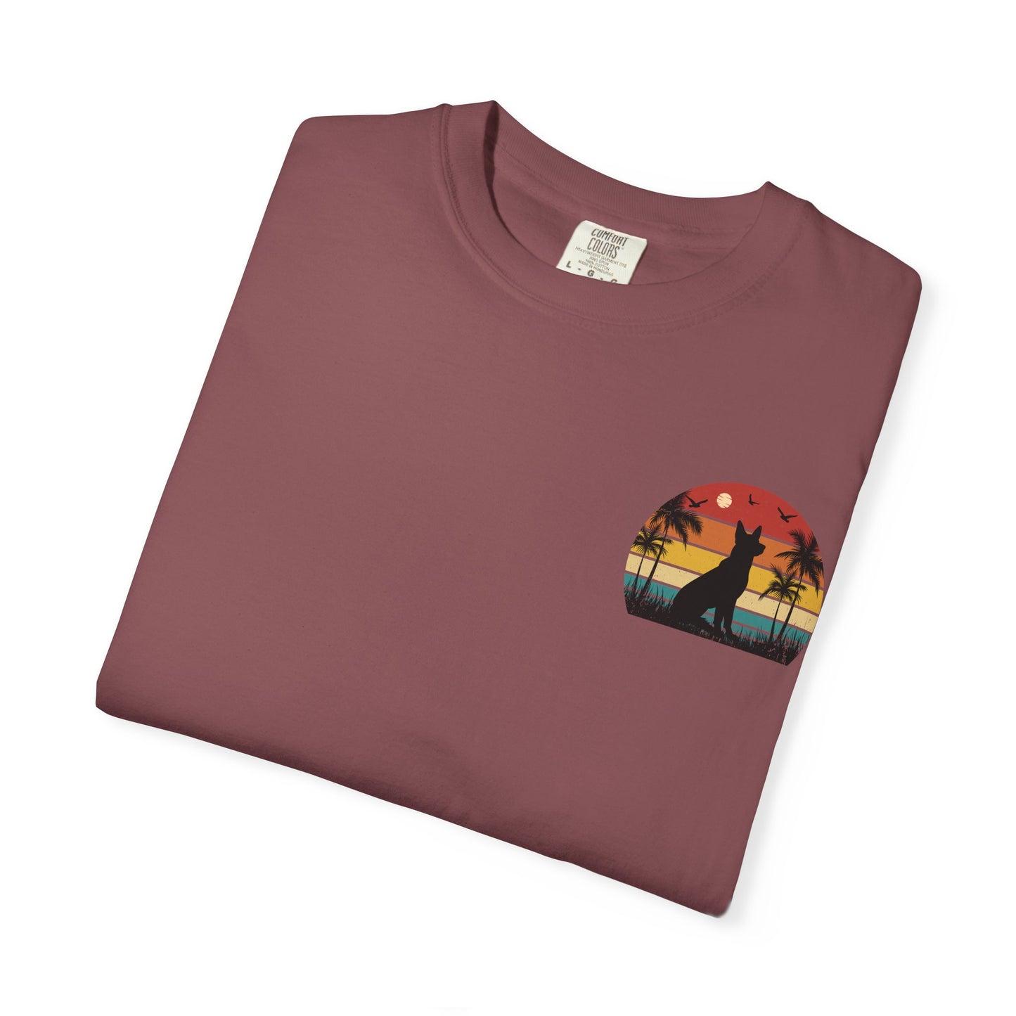 Sunset Palms Unisex Garment-Dyed T-Shirt with Dog Design